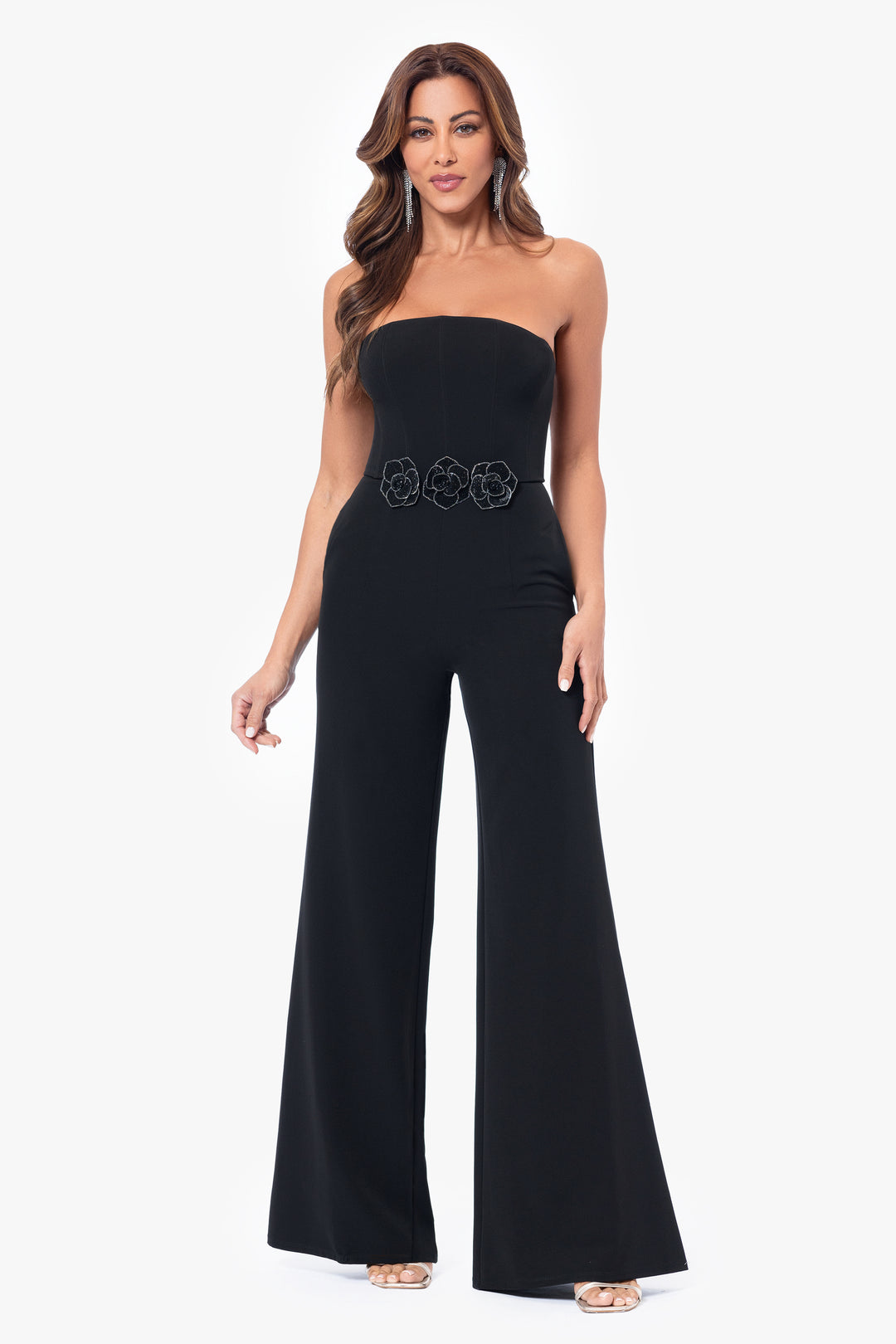 "Marleen" Long Scuba Crepe Jumpsuit with Flower Detailing