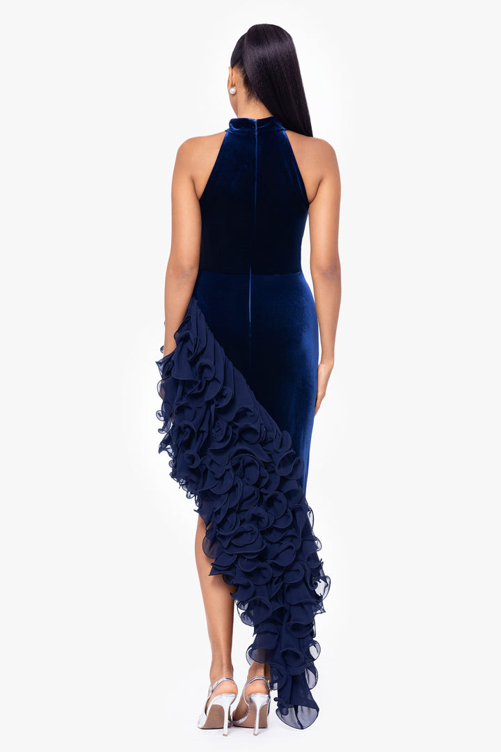 "Cassie" Long Velvet Asymmetrical Ruffle Mock Neck Dress