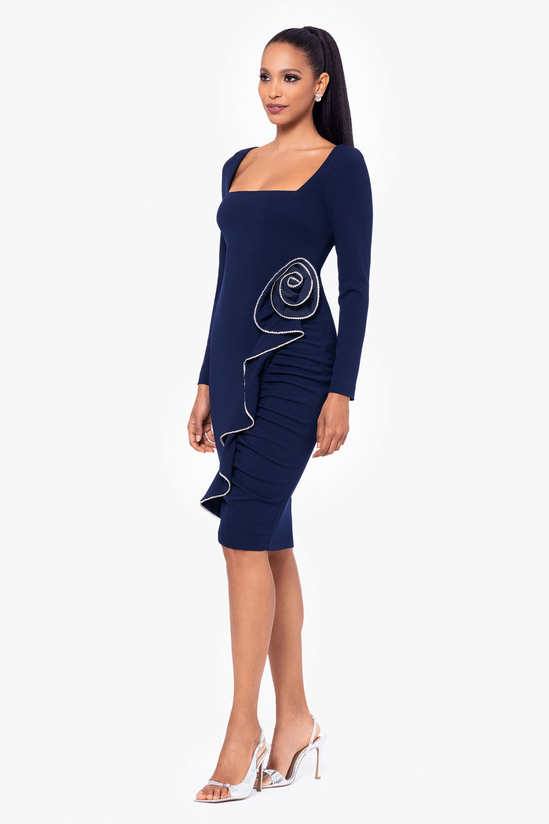 "Michelle" Knee Length Scuba Crepe Crystal Flower Detail Long Sleeve Dress