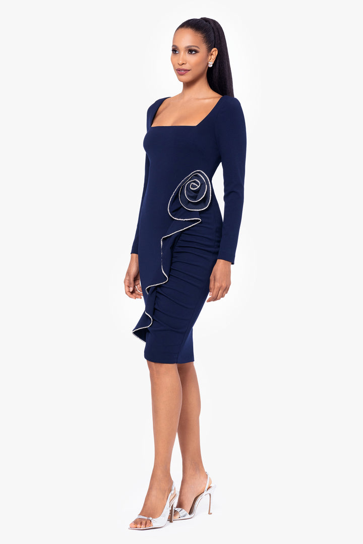 "Michelle" Knee Length Scuba Crepe Crystal Flower Detail Long Sleeve Dress