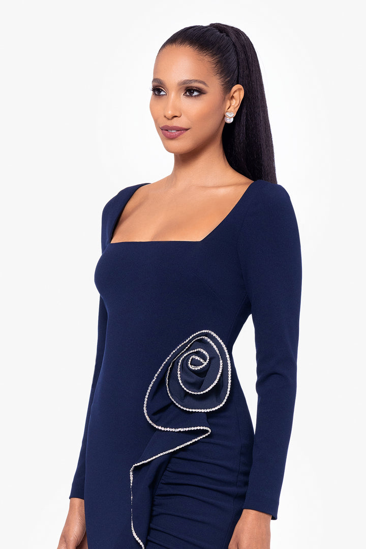 "Michelle" Knee Length Scuba Crepe Crystal Flower Detail Long Sleeve Dress