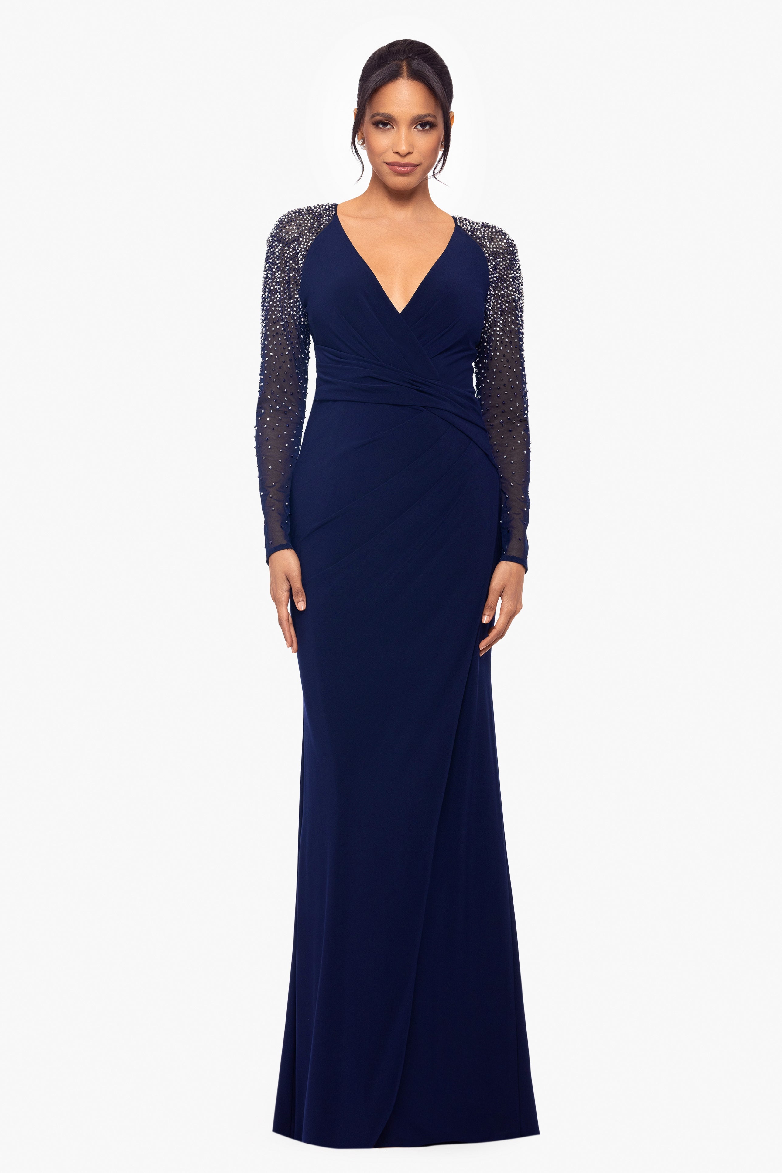 Betsy Adam Women s Embellished Twist Front Gown Blue Gowns