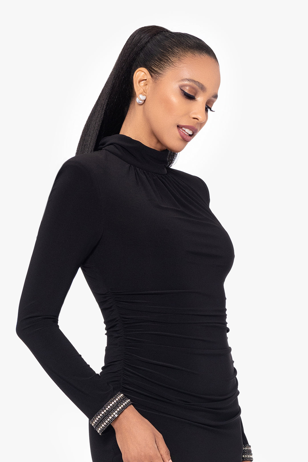 "Roxie" Long Jersey Knit Mock Neck Embellished Wrist Floor Length Dress