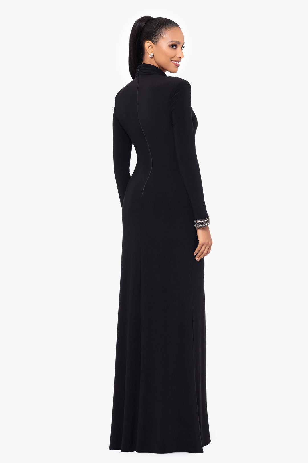 "Roxie" Long Jersey Knit Mock Neck Embellished Wrist Floor Length Dress