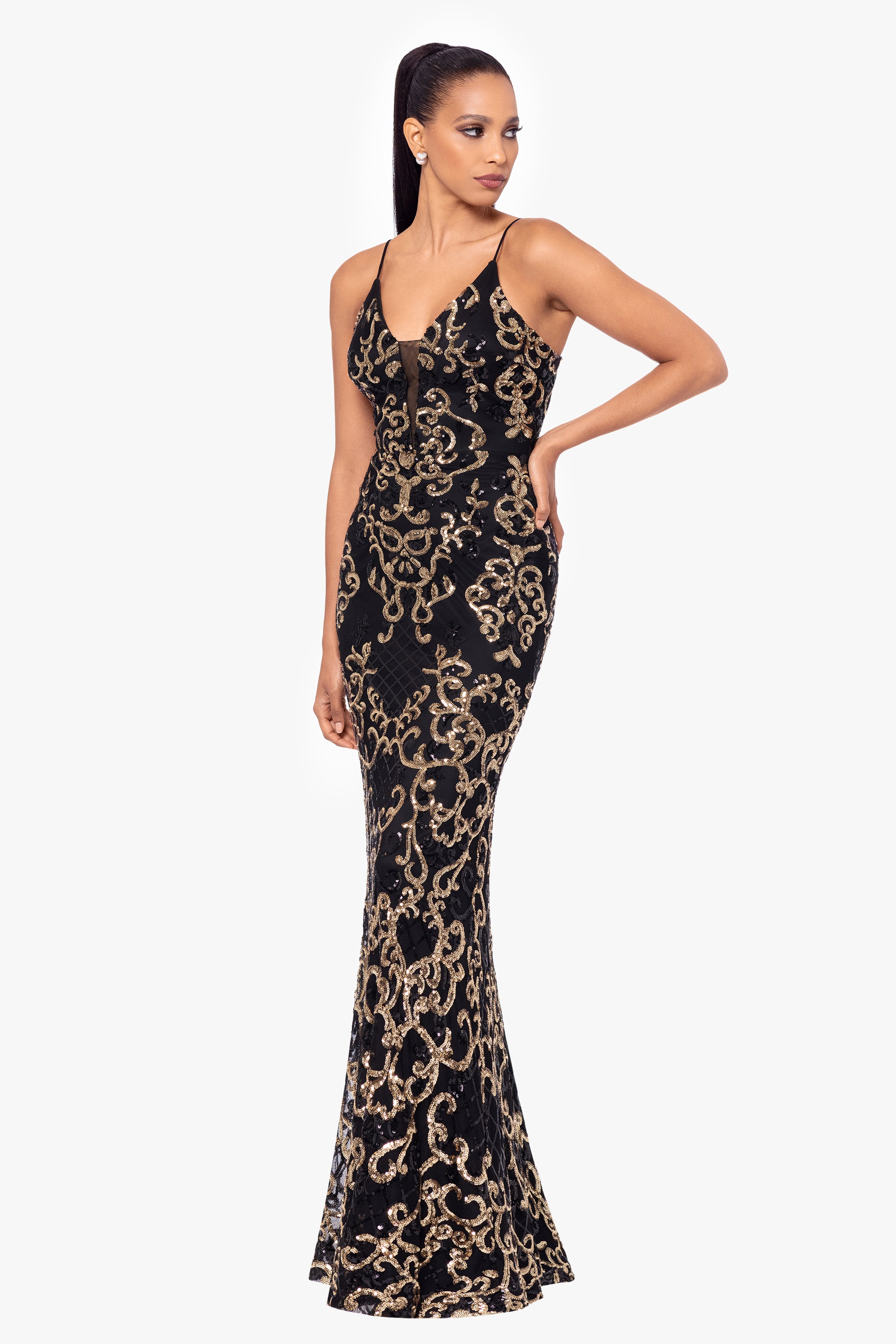 "Jolene" Long Sequin Placement Spaghetti Strap Floor Length Dress