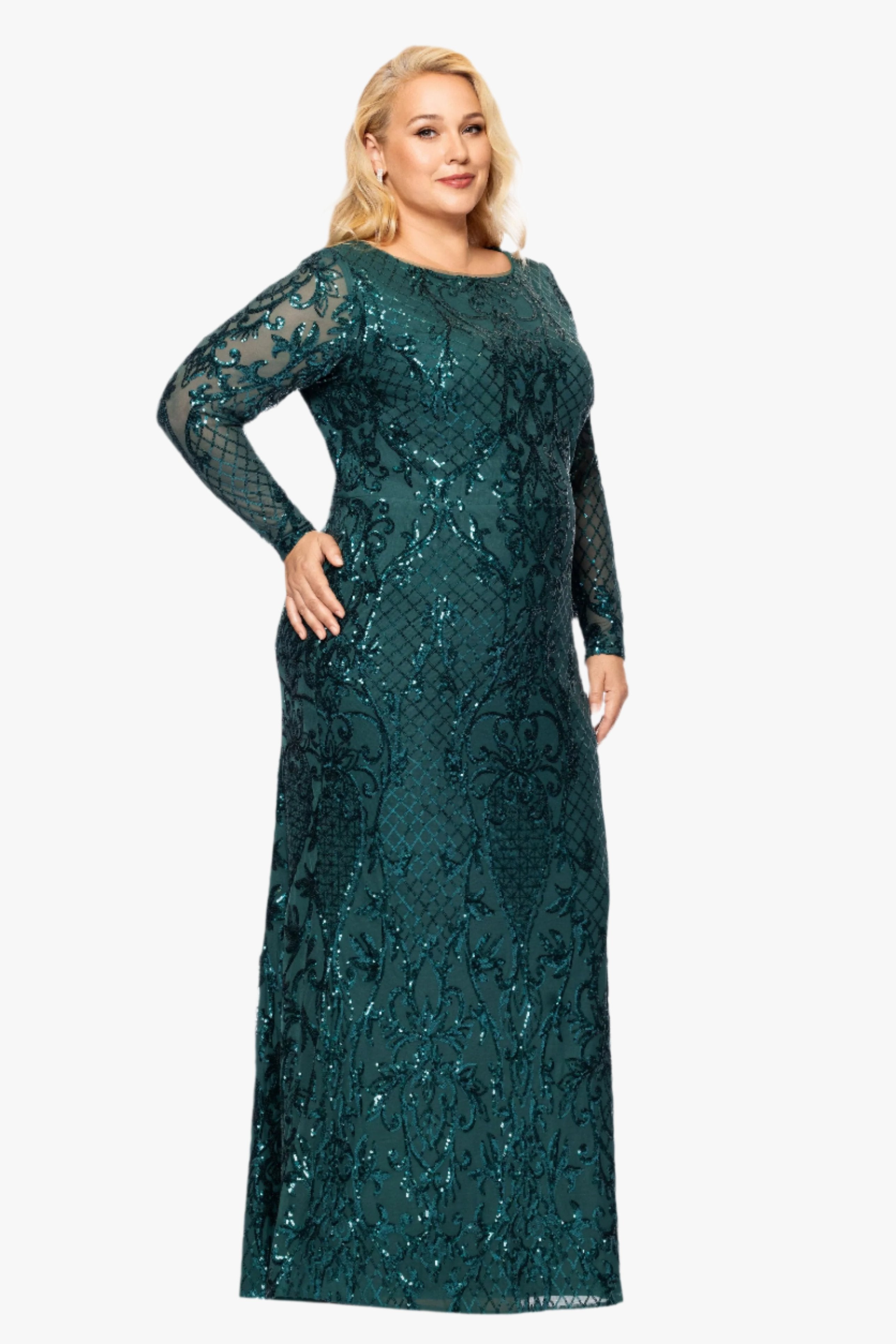 Plus "Nara" Long Sleeve Sequin Placement Gown