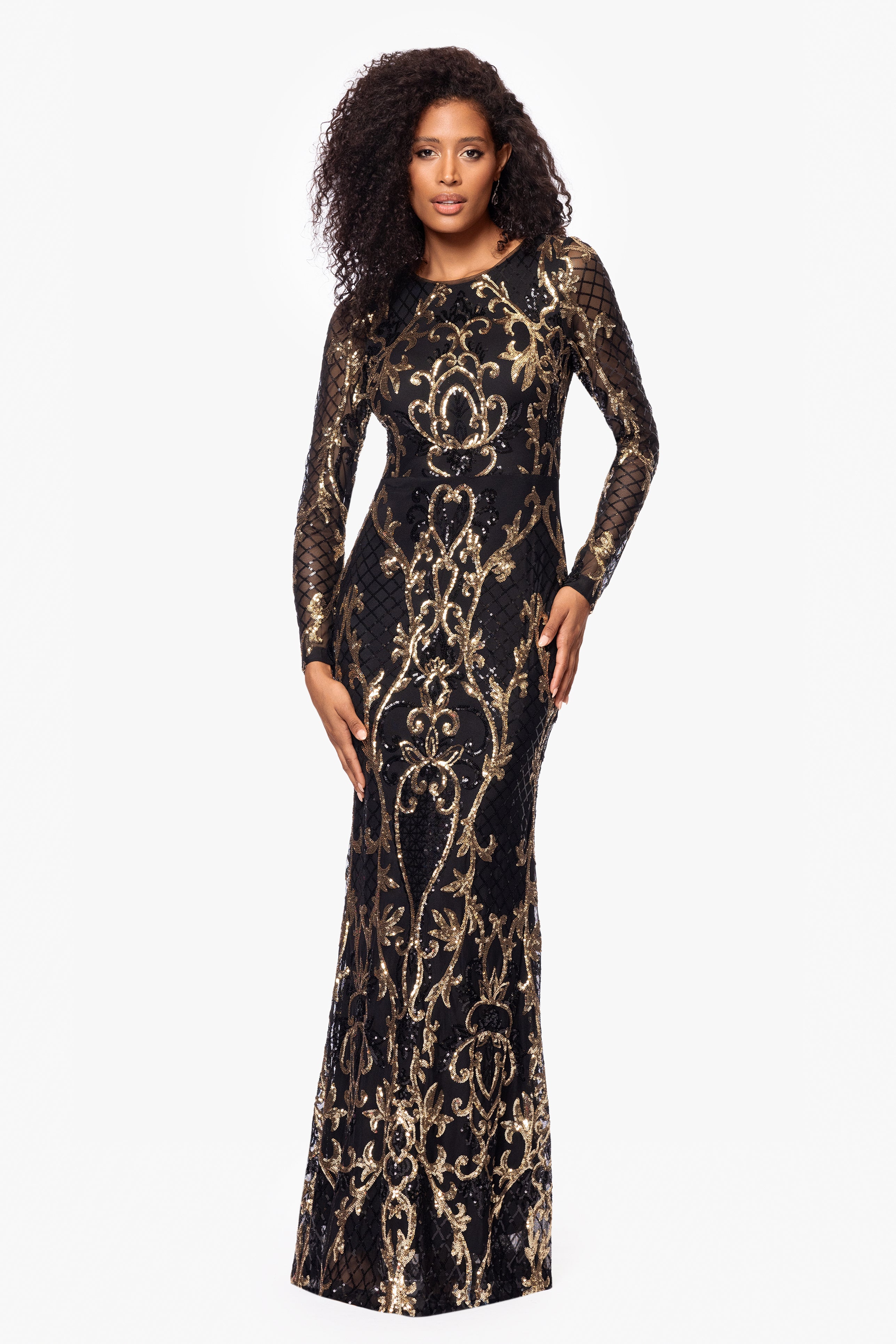 "Nara" Long Sleeve Sequin Placement Gown