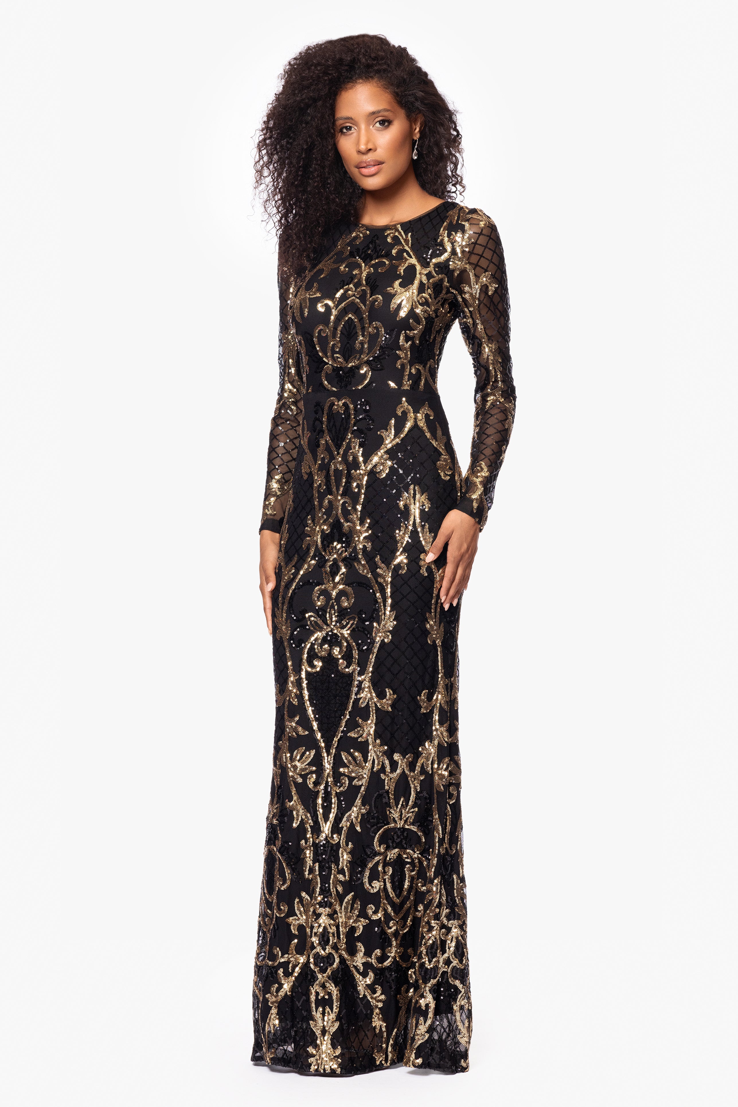 "Nara" Long Sleeve Sequin Placement Gown