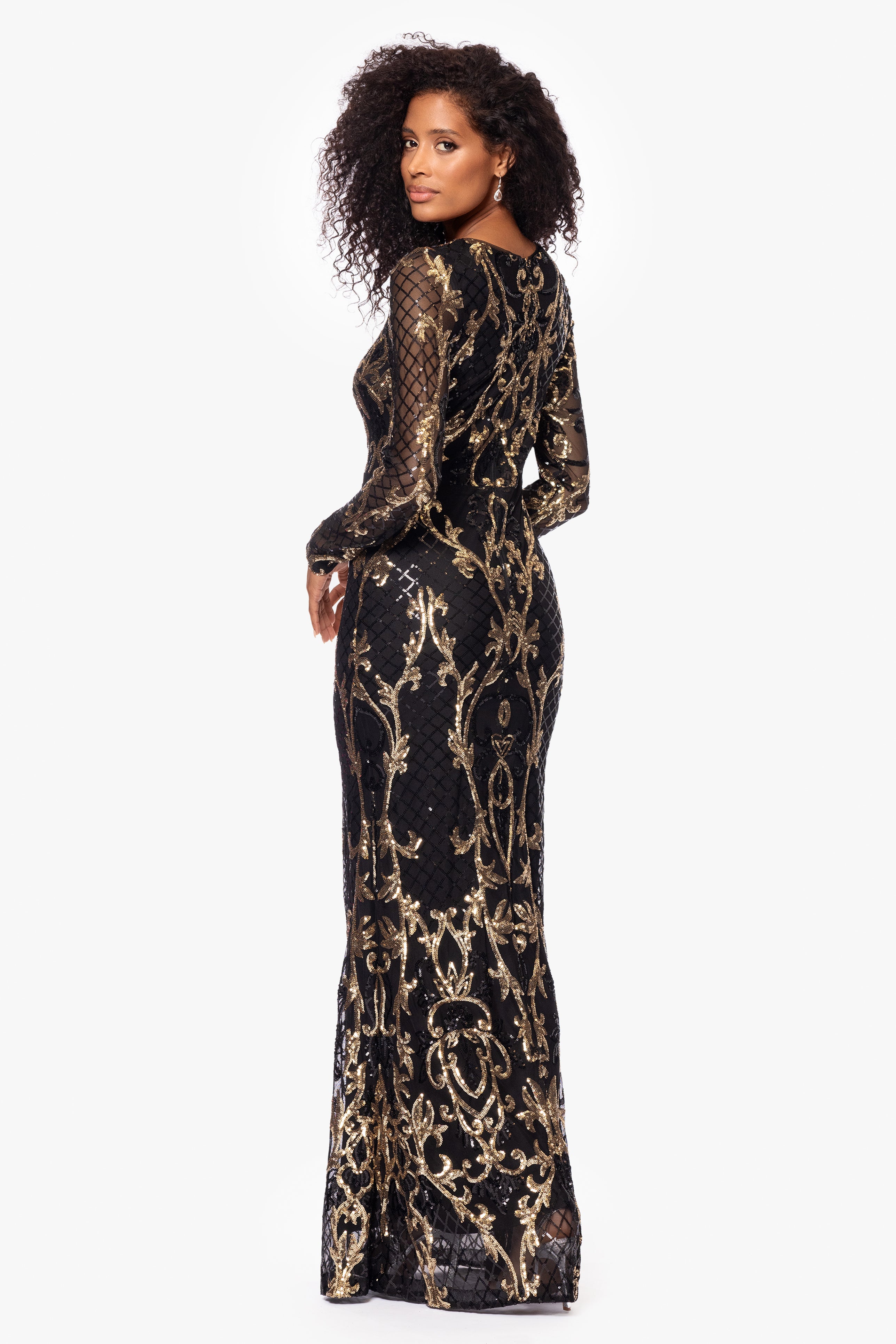 "Nara" Long Sleeve Sequin Placement Gown