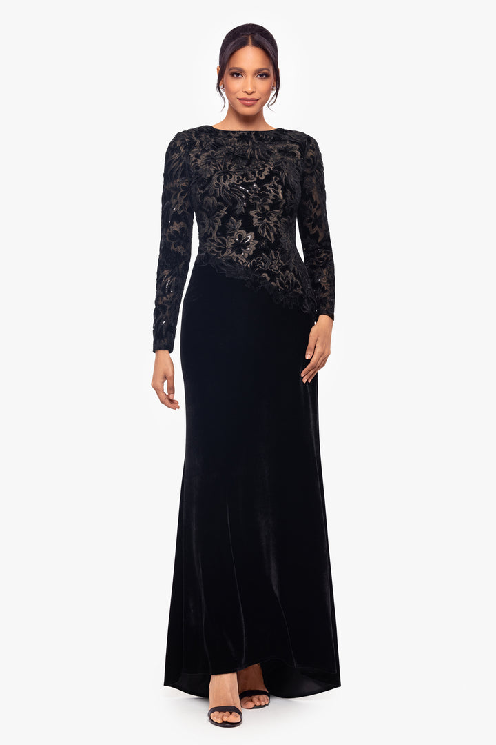 "Alena" Floor Length Sequin and Velvet Long Sleeve Dress