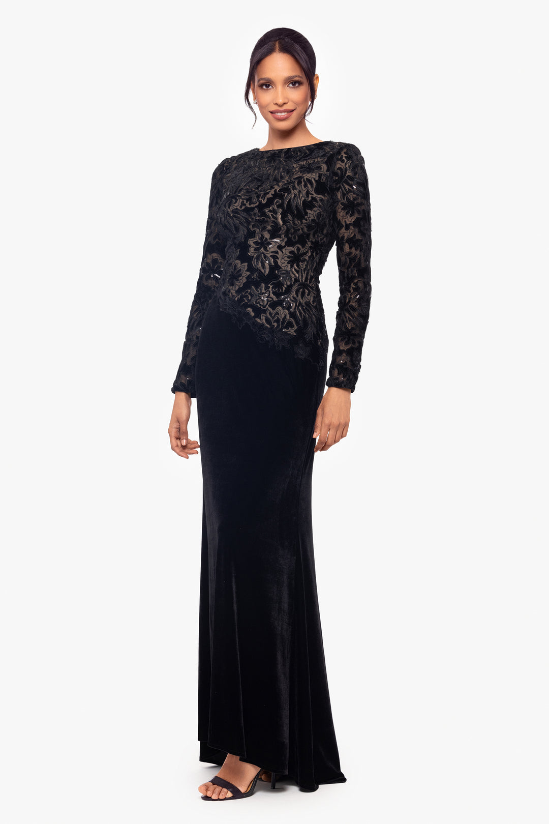 "Alena" Floor Length Sequin and Velvet Long Sleeve Dress