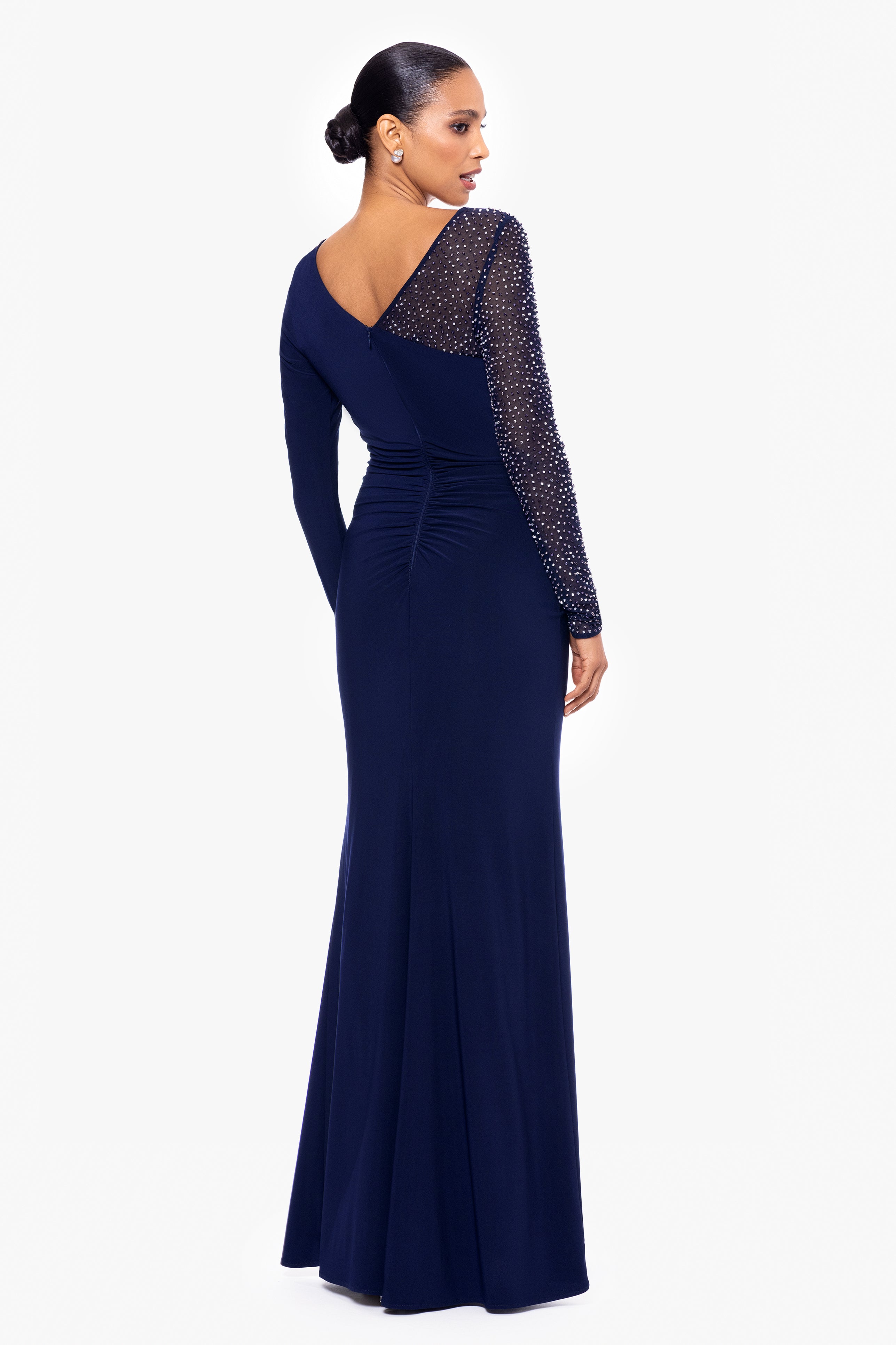 "Rhea" Long Jersey Knit Long Sleeve Beaded Floor Length Dress