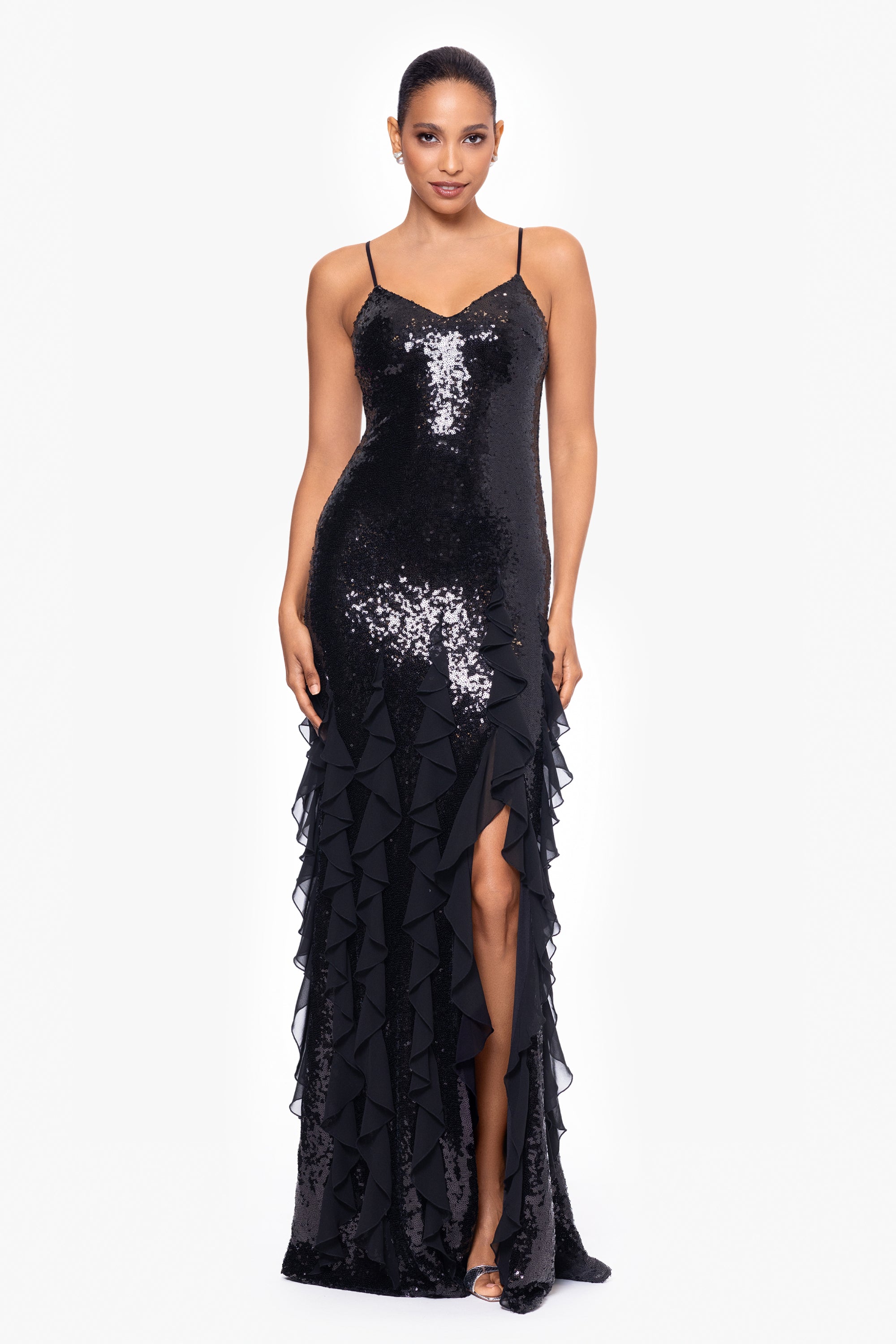 "Milan" Long Sequin Spaghetti with Chiffon Ruffles