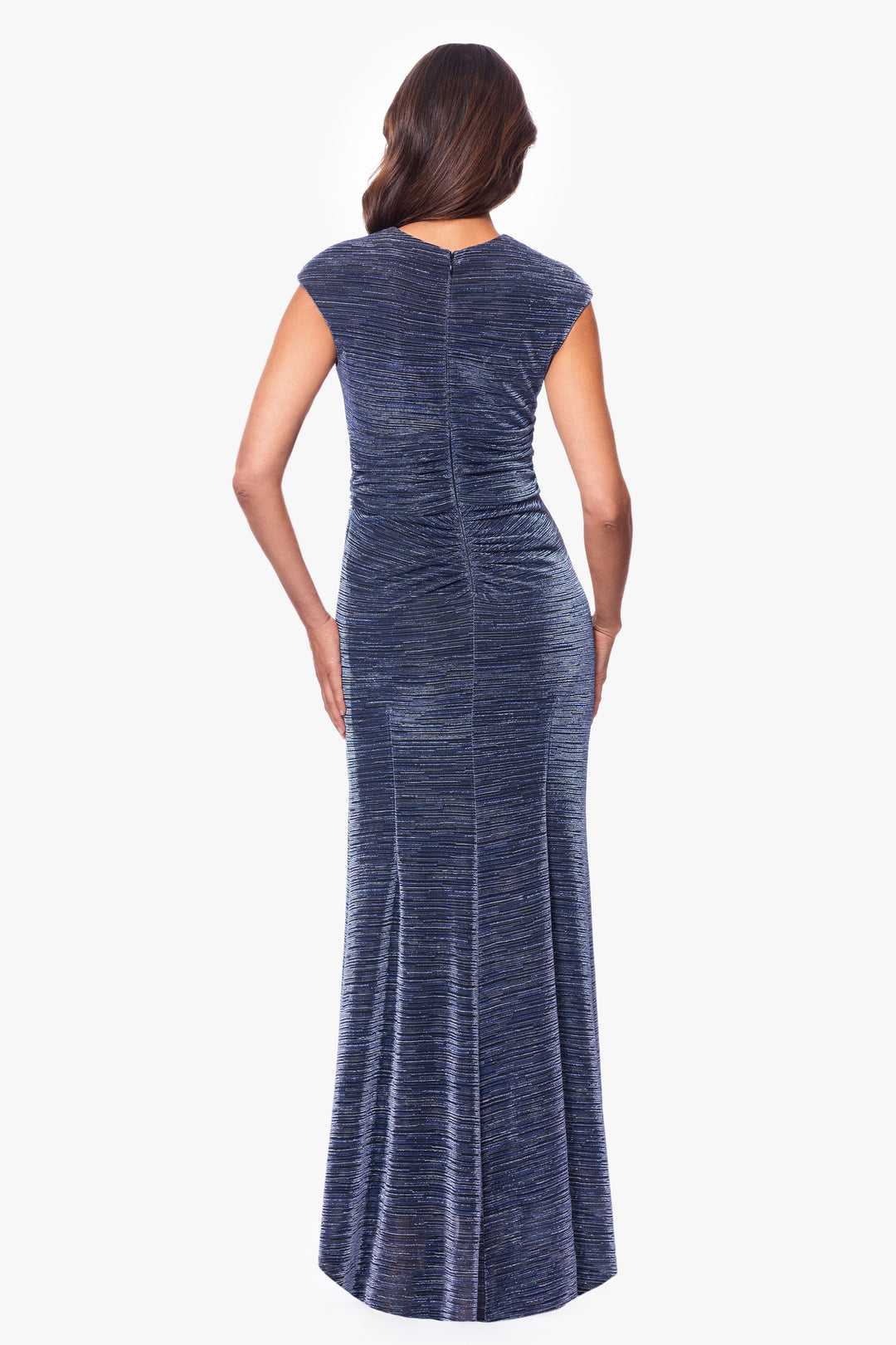 Petite "Margaret" Long Metallic Crinkle V-Neck Dress