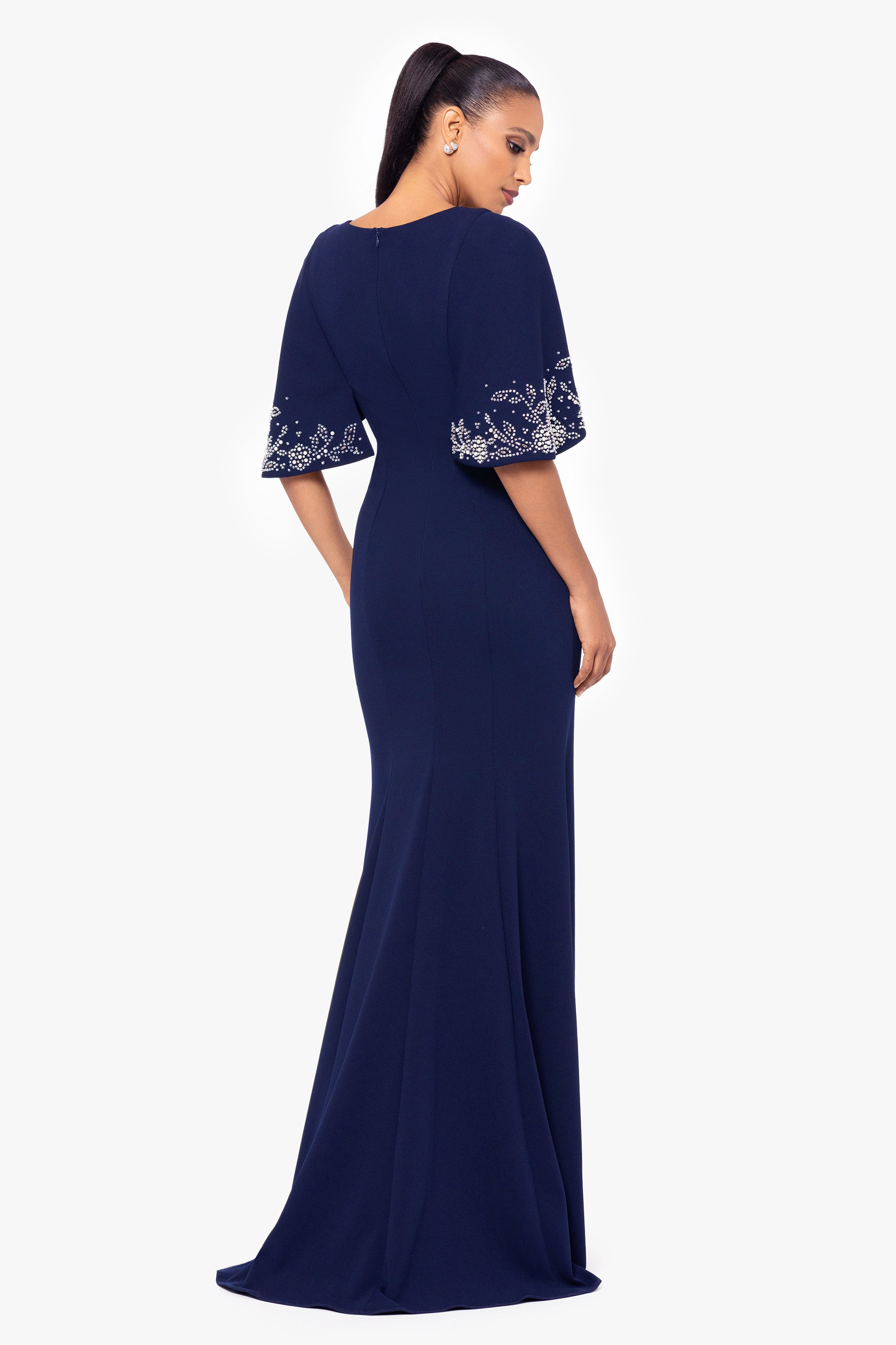 "Doris" Long Scuba Crepe Embellished Beaded Cape Dress