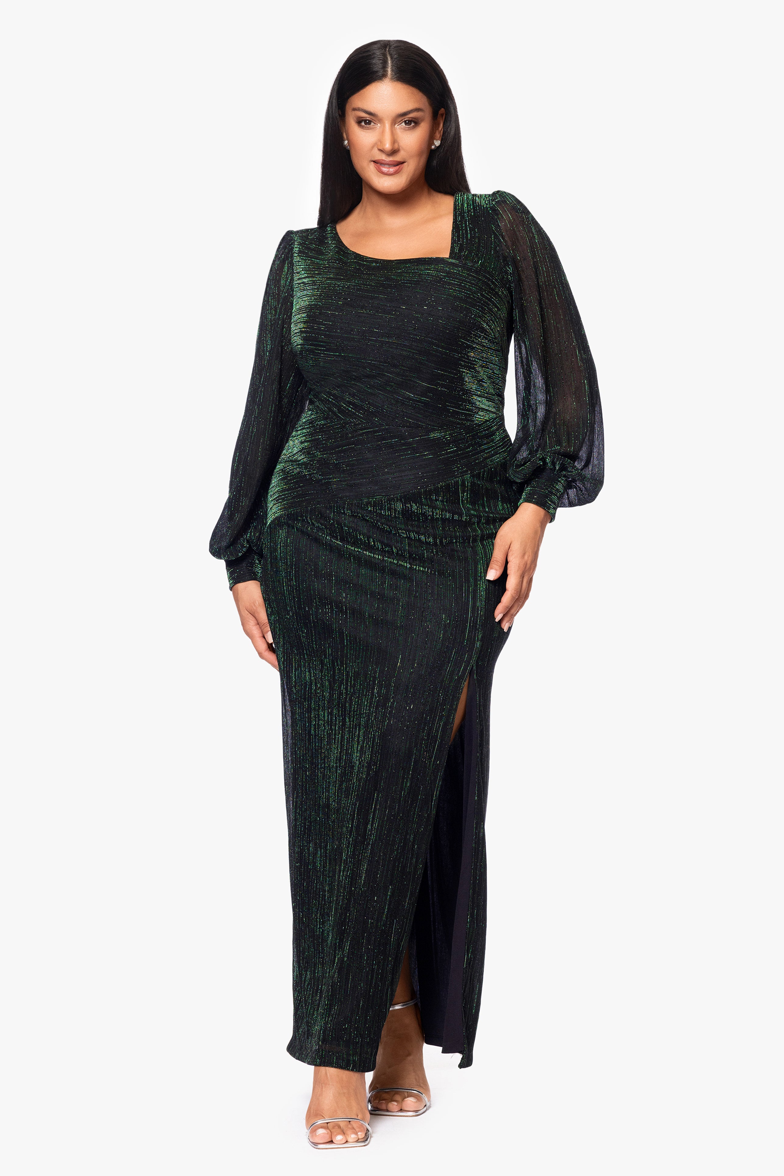 Plus "Siobhan" Long Metallic Long Sleeve Asymmetrical Neckline Dress