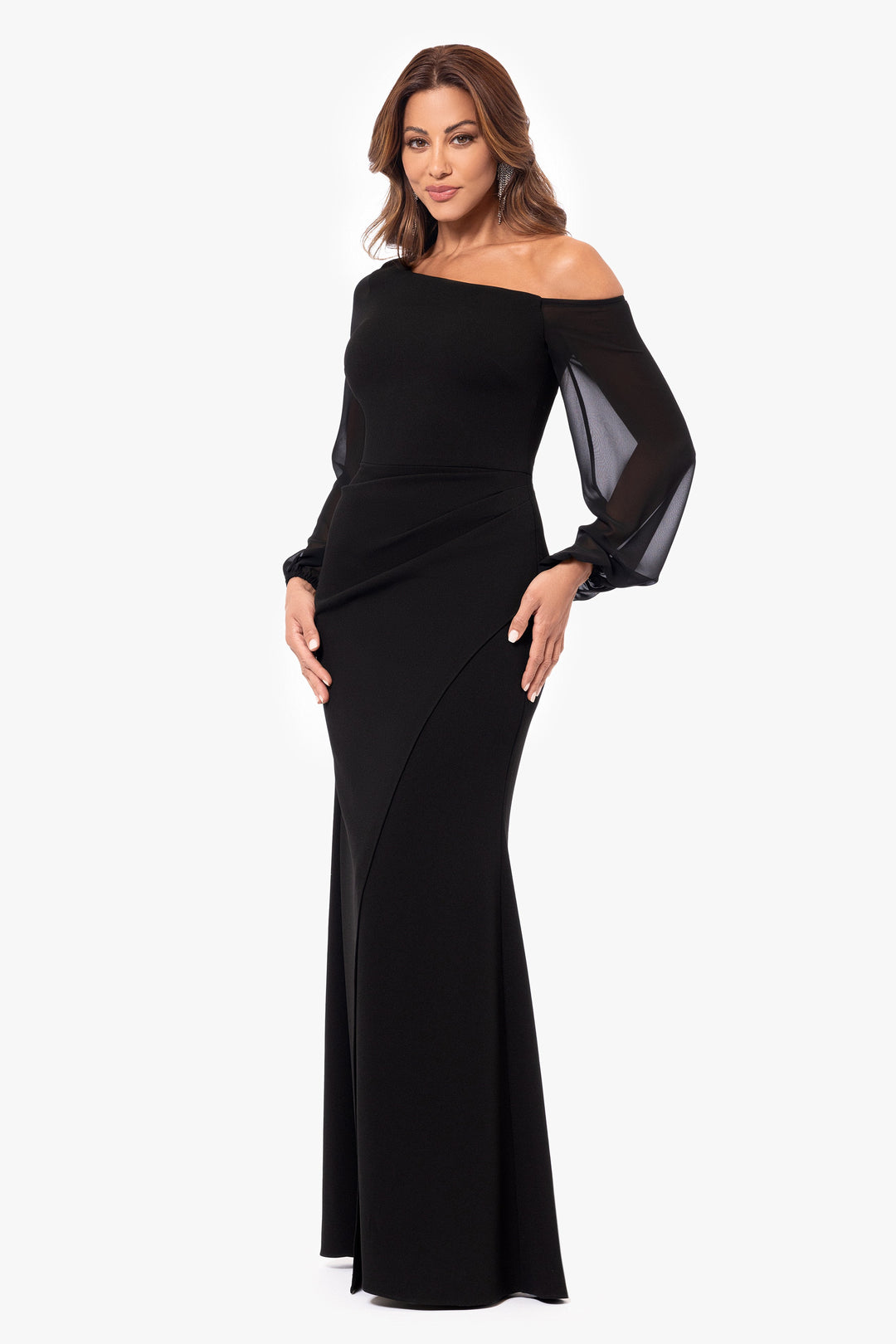 Petite "Donna" Long Off the Shoulder Illusion Sleeve Dress