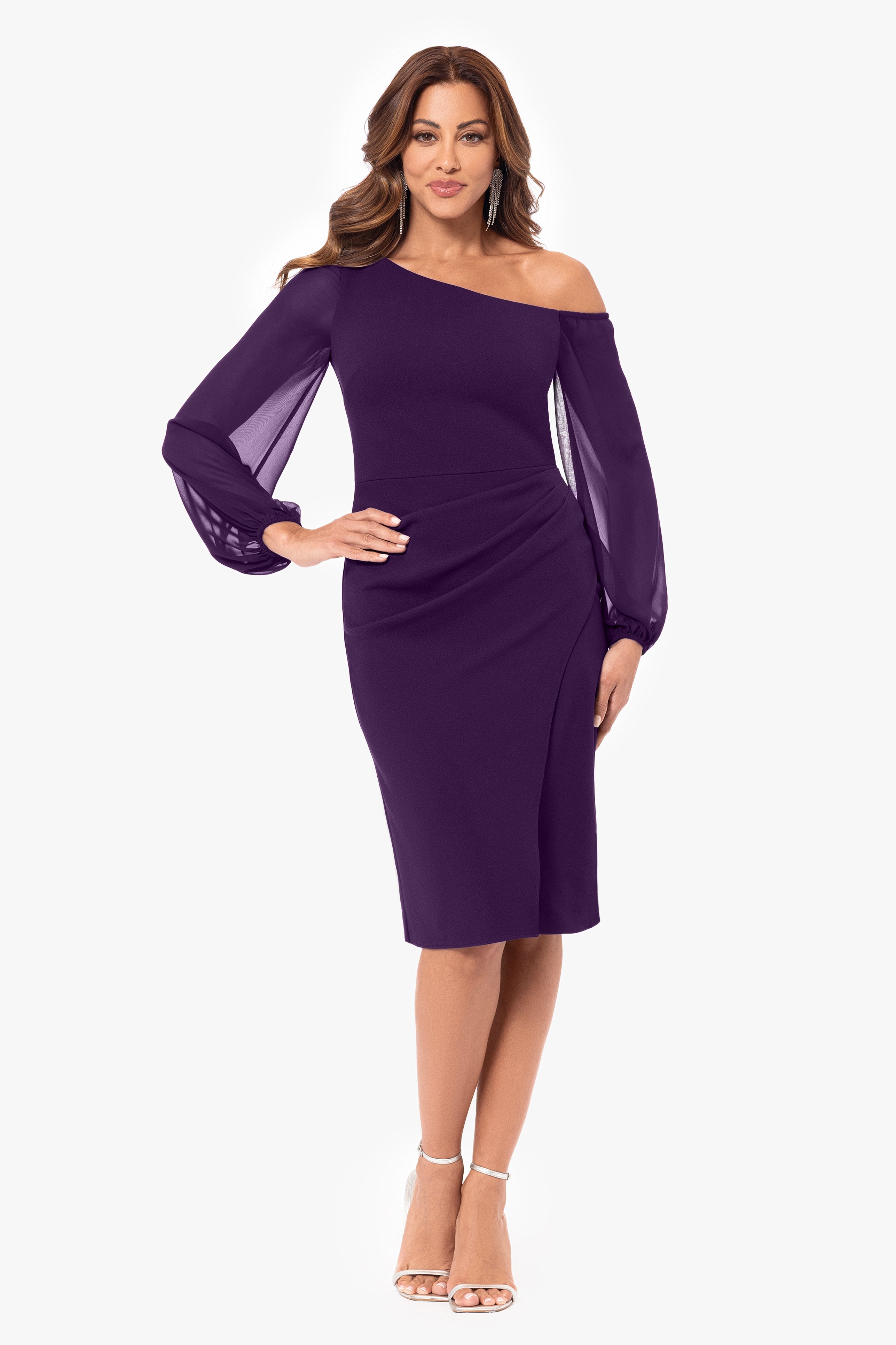 "Alara" Knee Length Off the Shoulder Mesh Long Sleeve Scuba Crepe Dress