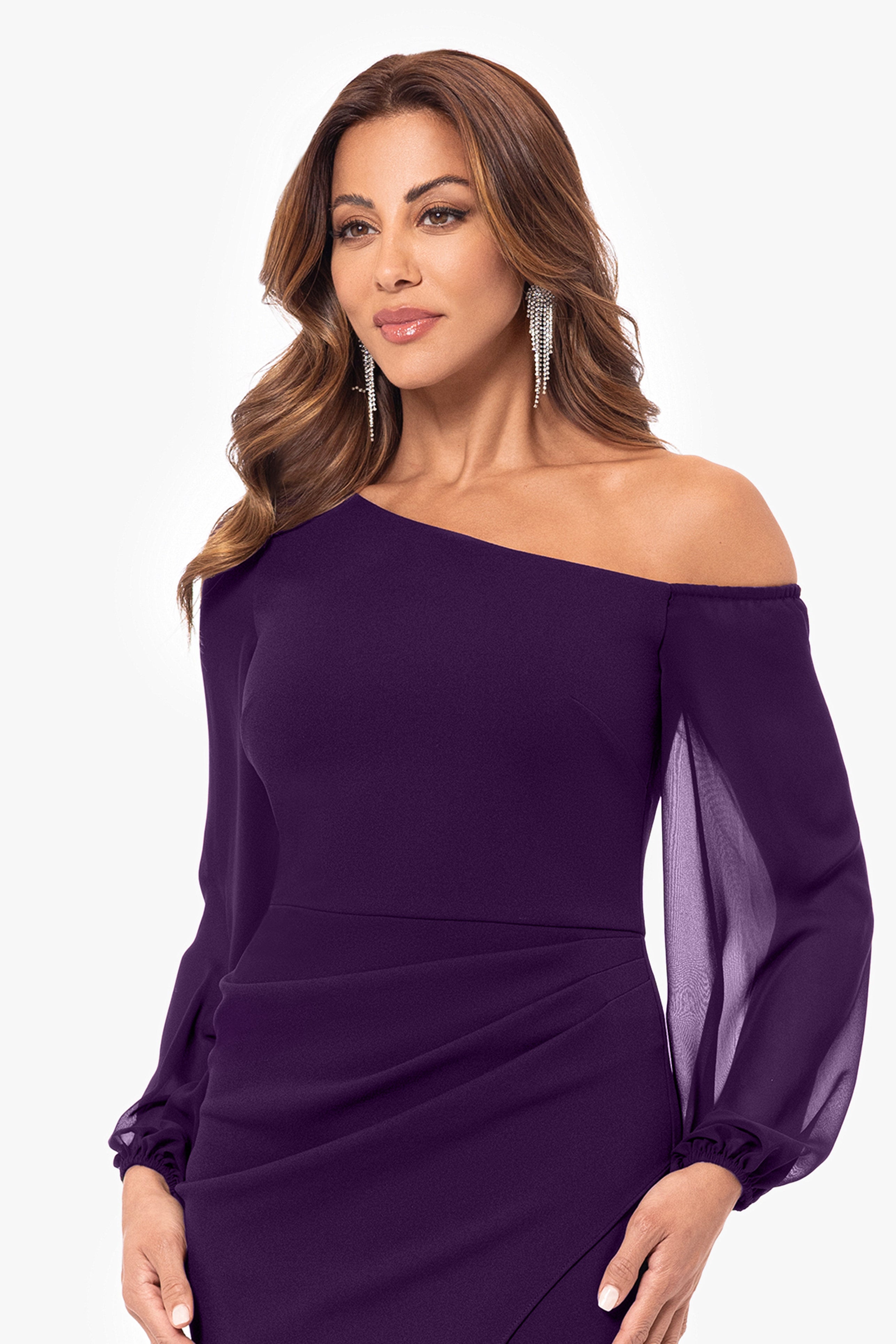 "Alara" Knee Length Off the Shoulder Mesh Long Sleeve Scuba Crepe Dress