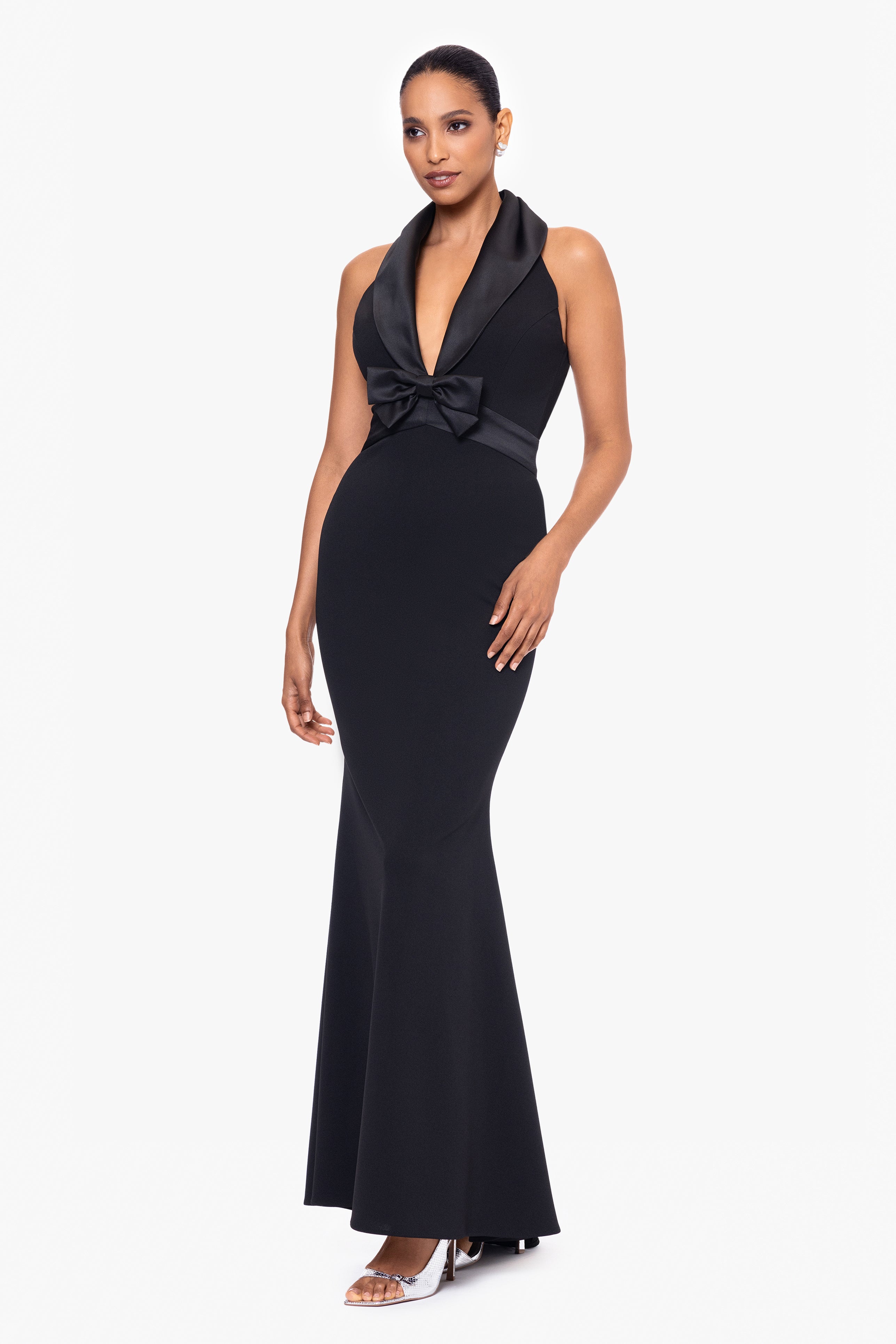 "Felicia" Long Scuba Crepe Halter Neck Satin Bow Dress