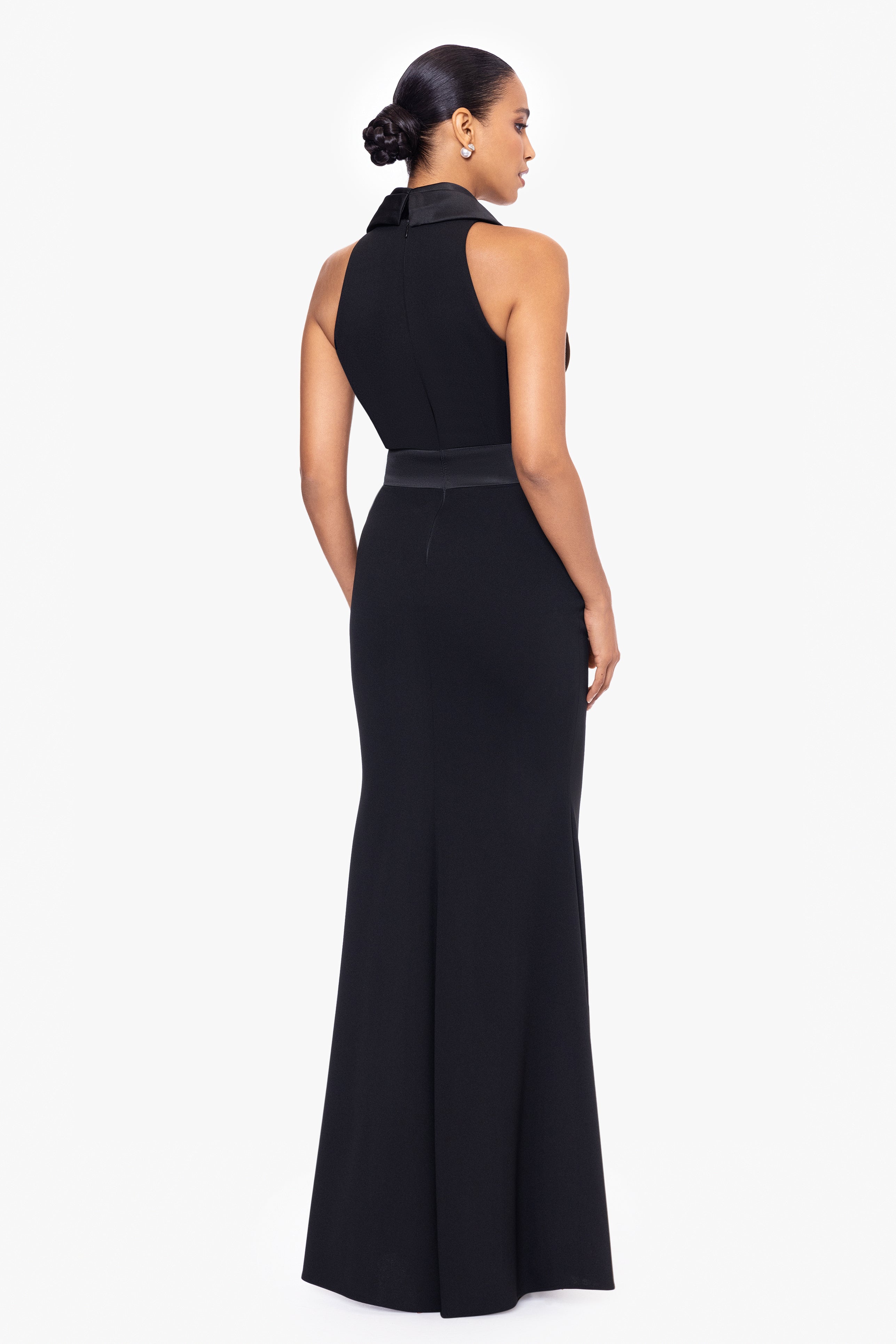 "Felicia" Long Scuba Crepe Halter Neck Satin Bow Dress