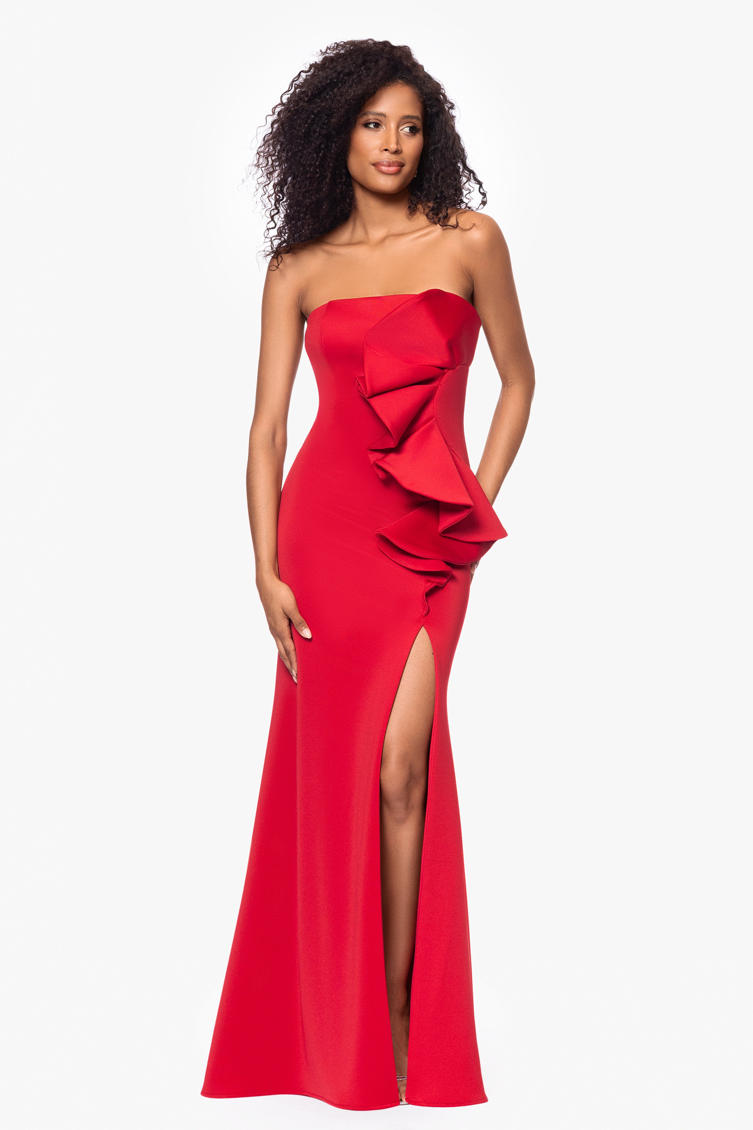 "Fiona" Long Strapless Scuba Ruffle Dress