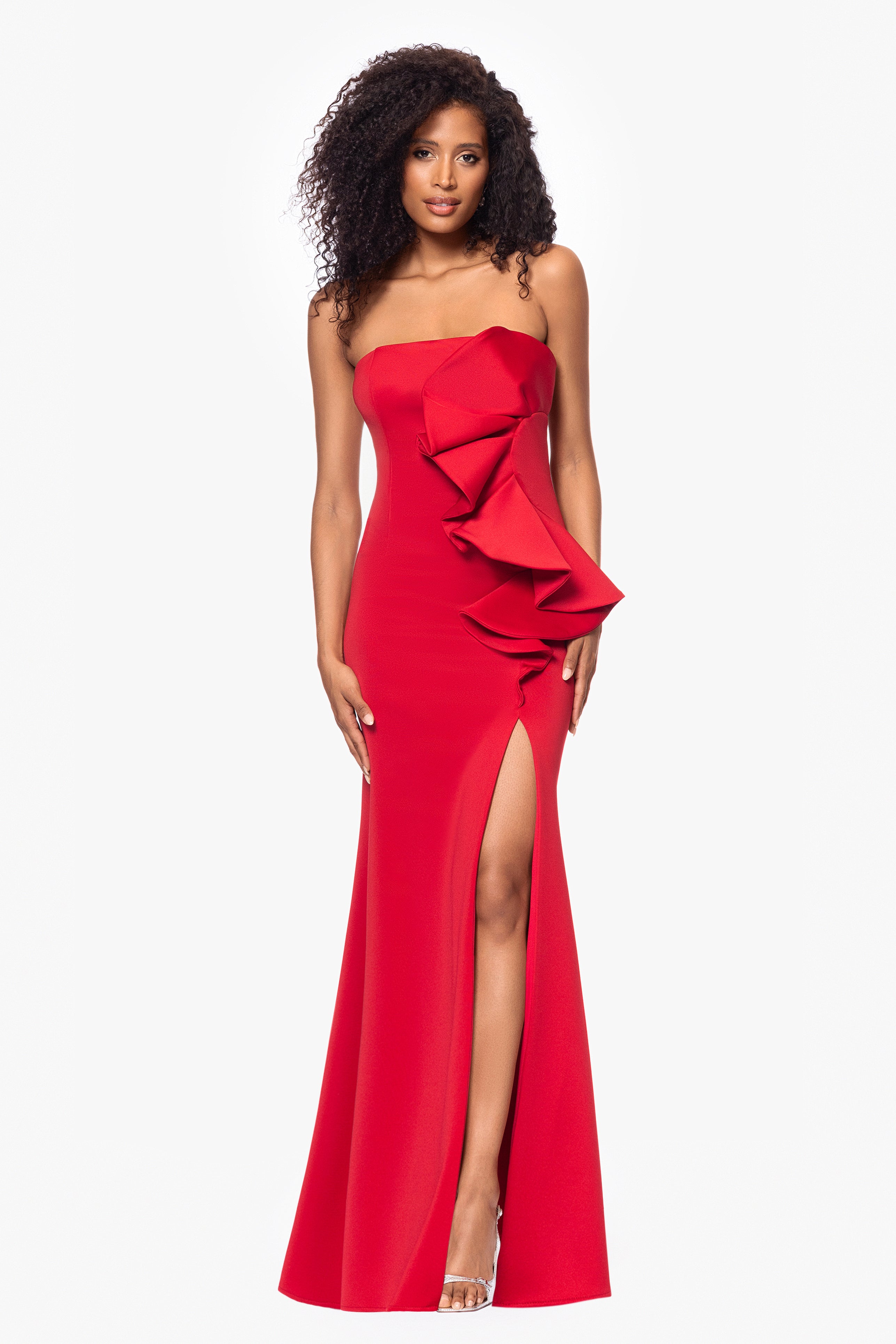 "Fiona" Long Strapless Scuba Ruffle Dress