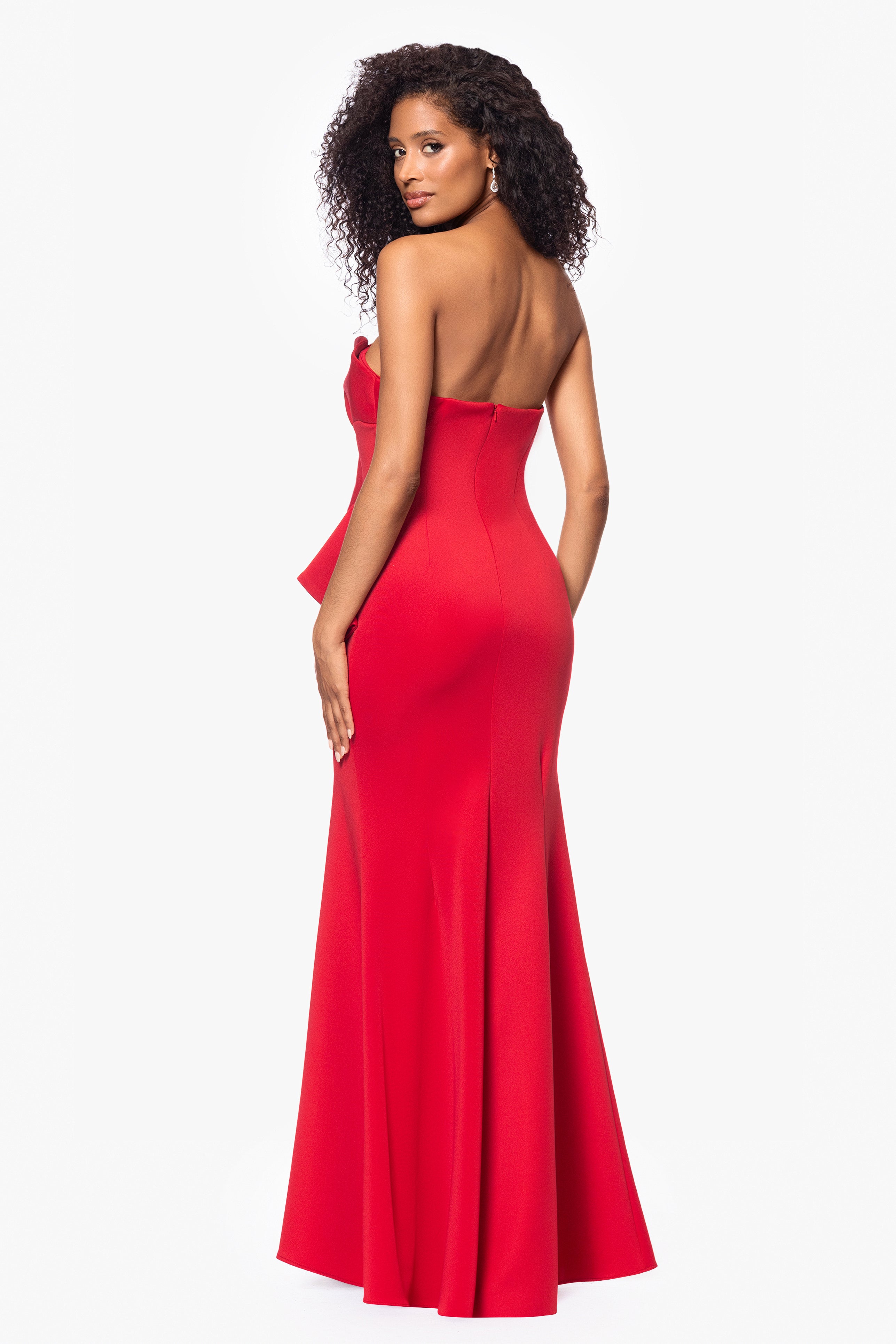 "Fiona" Long Strapless Scuba Ruffle Dress