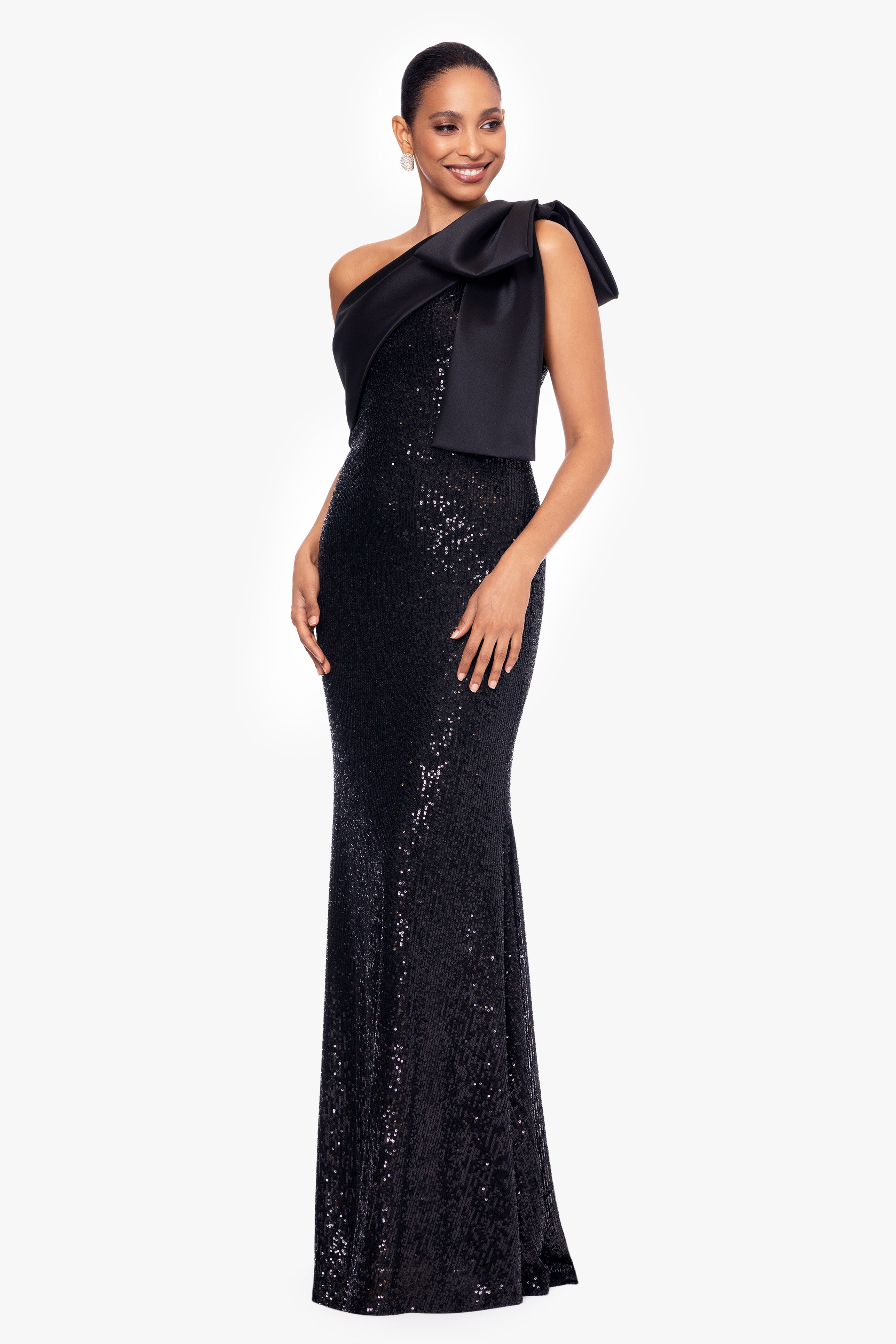 "Christy" Long Sequin Crepe Dress with Satin Bow