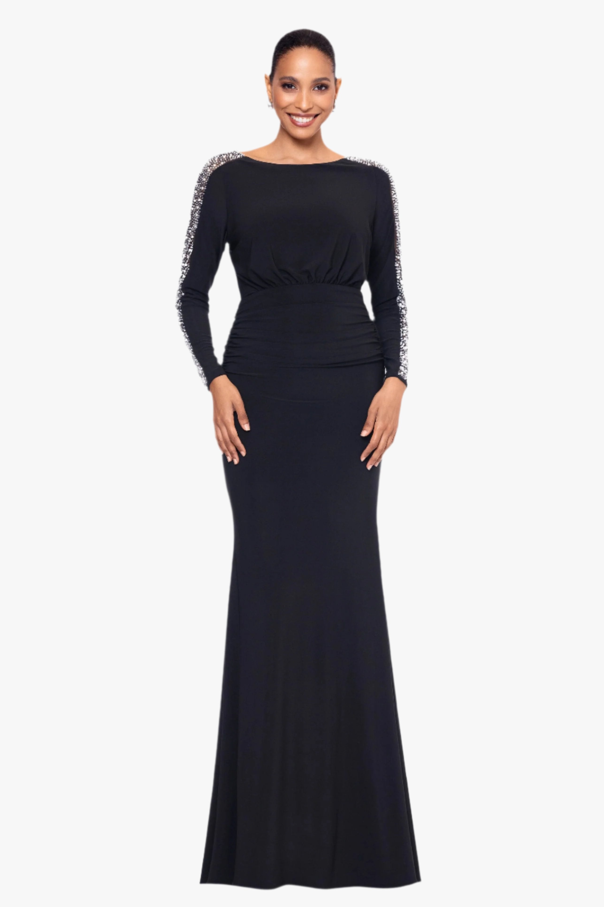 "Ria" Jersey Knit Beaded Long Sleeve Floor Length Dress