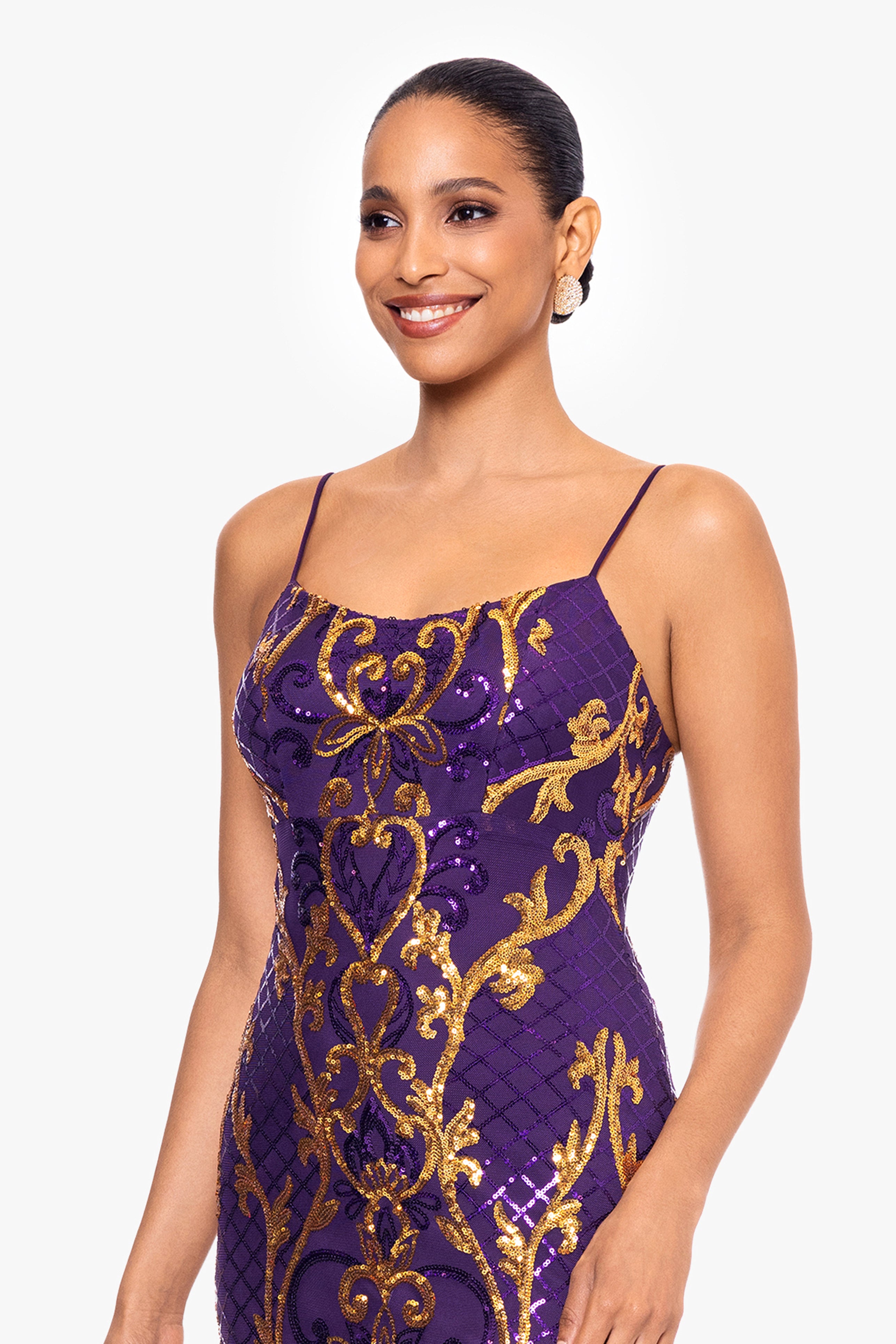 "Zari" Long Sequin Placement Spaghetti Strap Dress