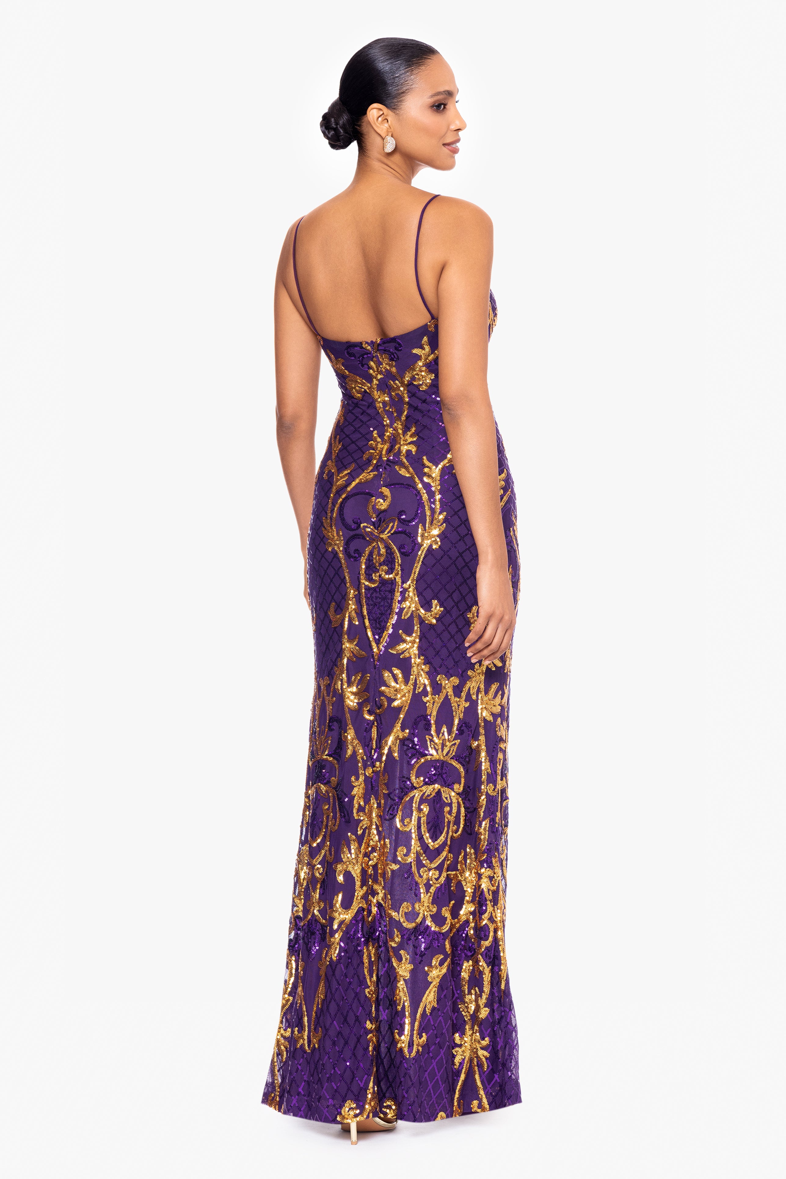 "Zari" Long Sequin Placement Spaghetti Strap Dress