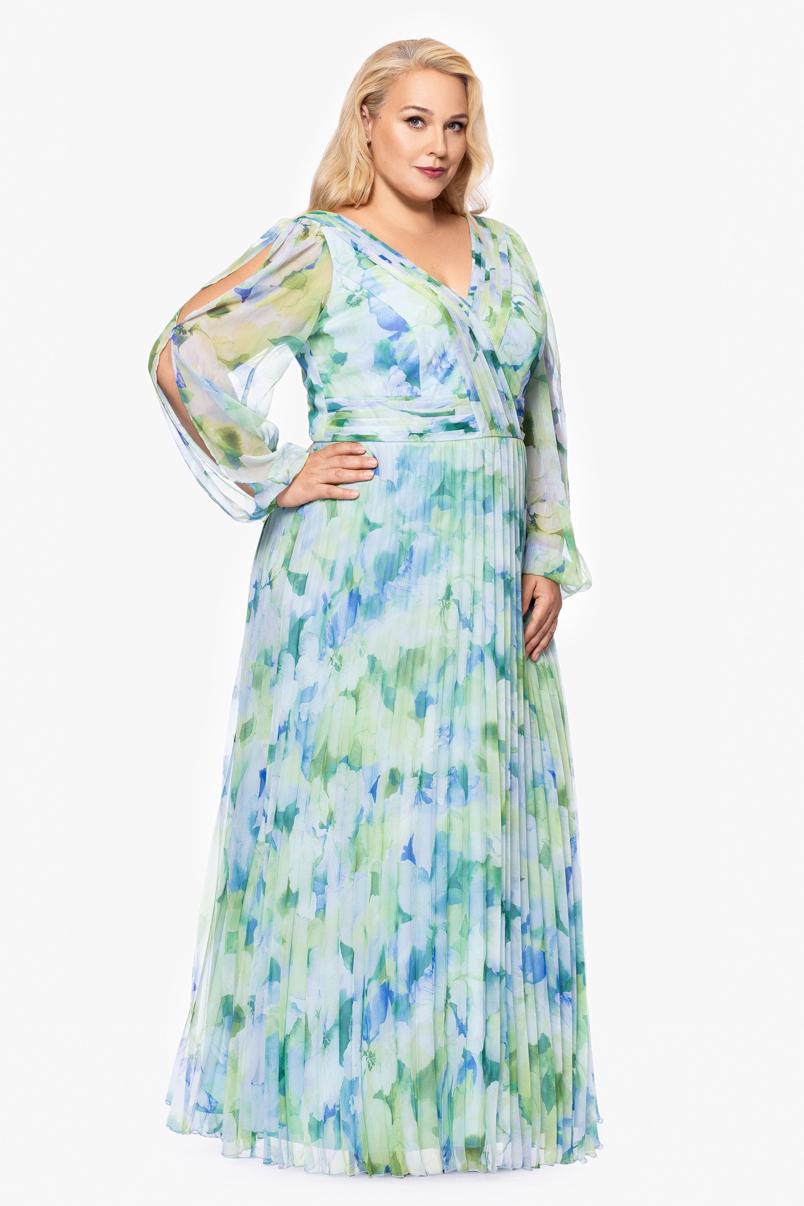 Plus "Dara" Long Sleeve Chiffon Print Floor Length Dress