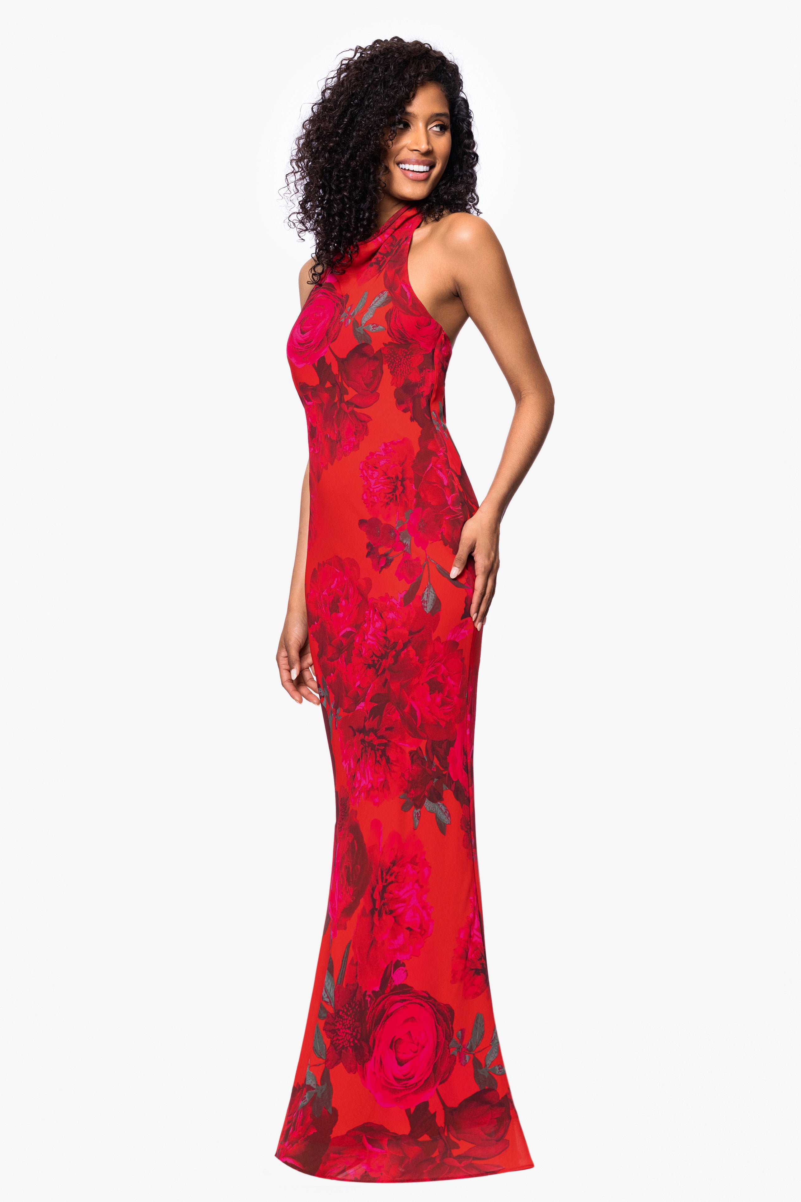 "Carly" Floral Chiffon Halter Tie Neck Floor Length Dress