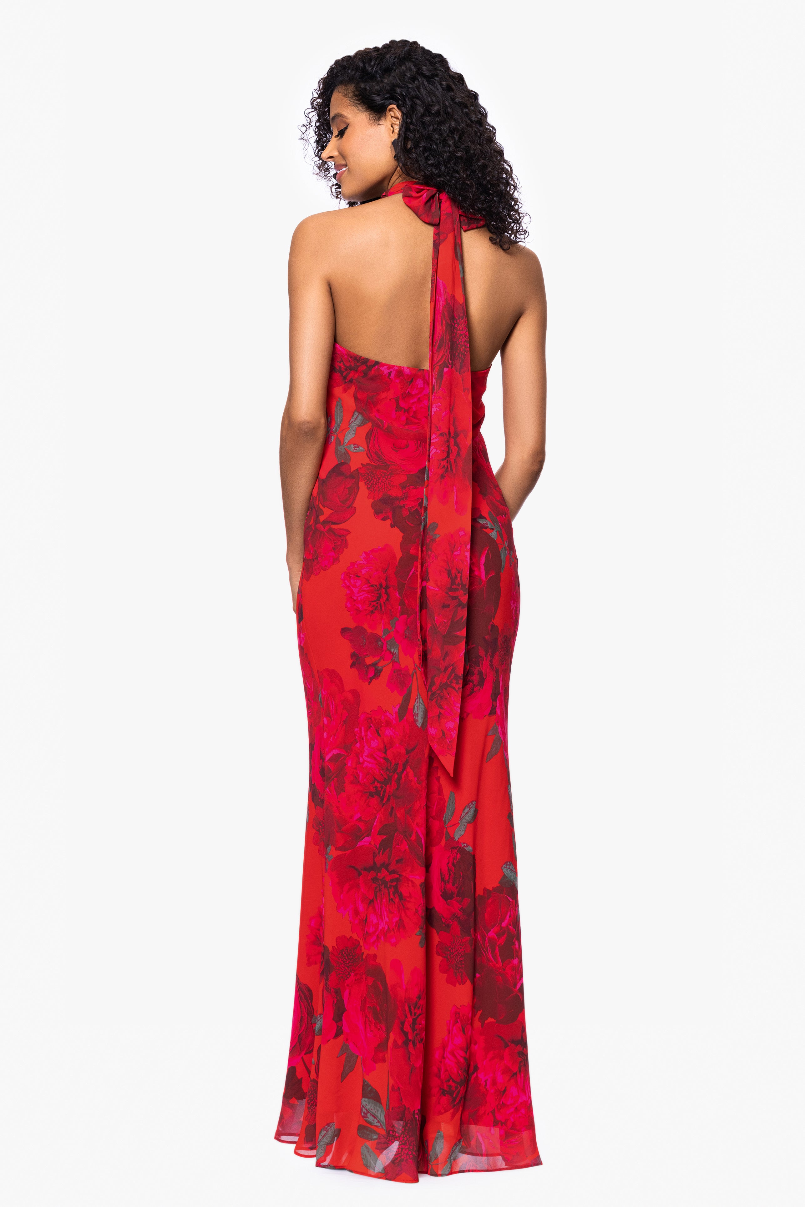 "Carly" Floral Chiffon Halter Tie Neck Floor Length Dress