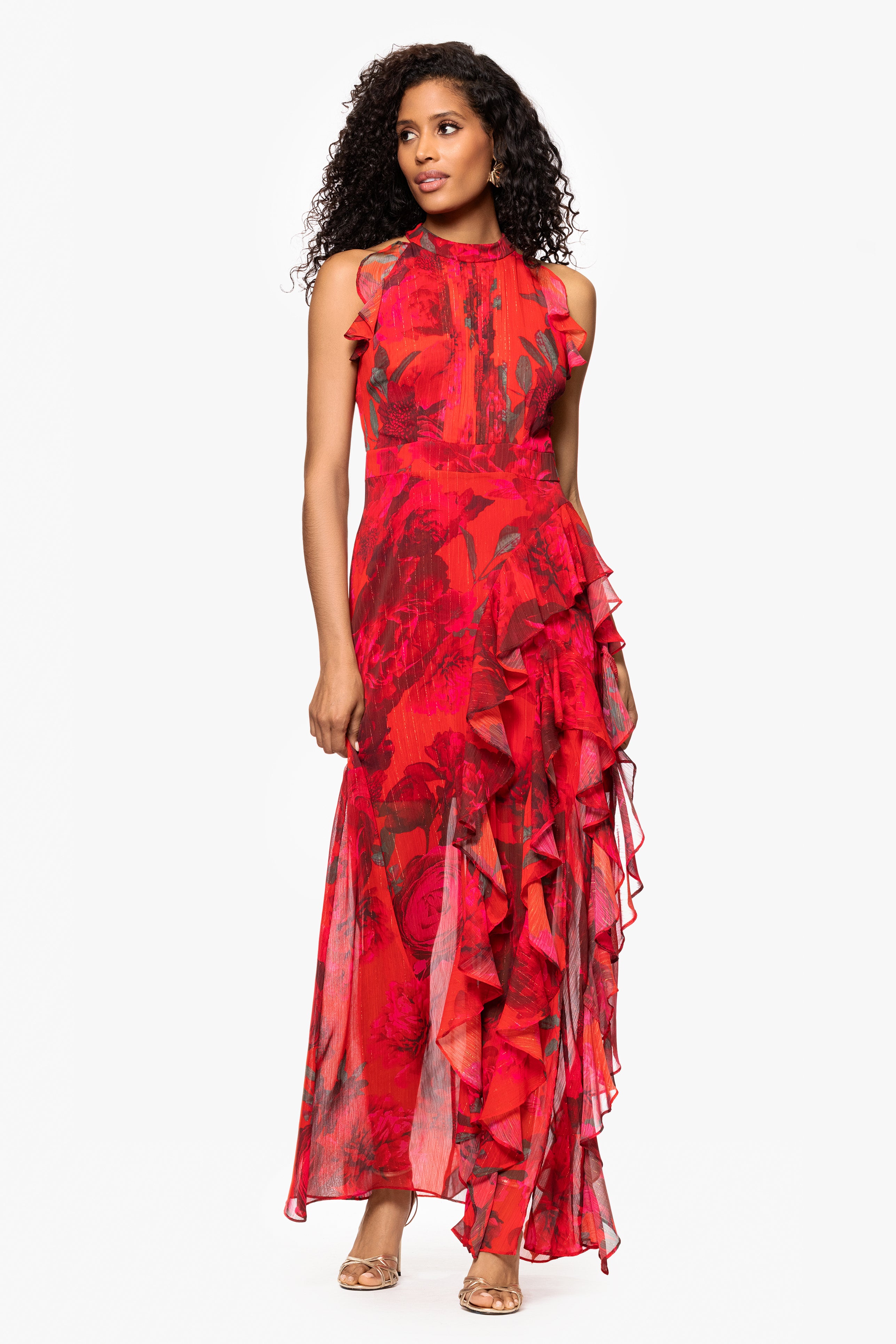 "Ramona" Print Chiffon Ruffle Floor Length Dress