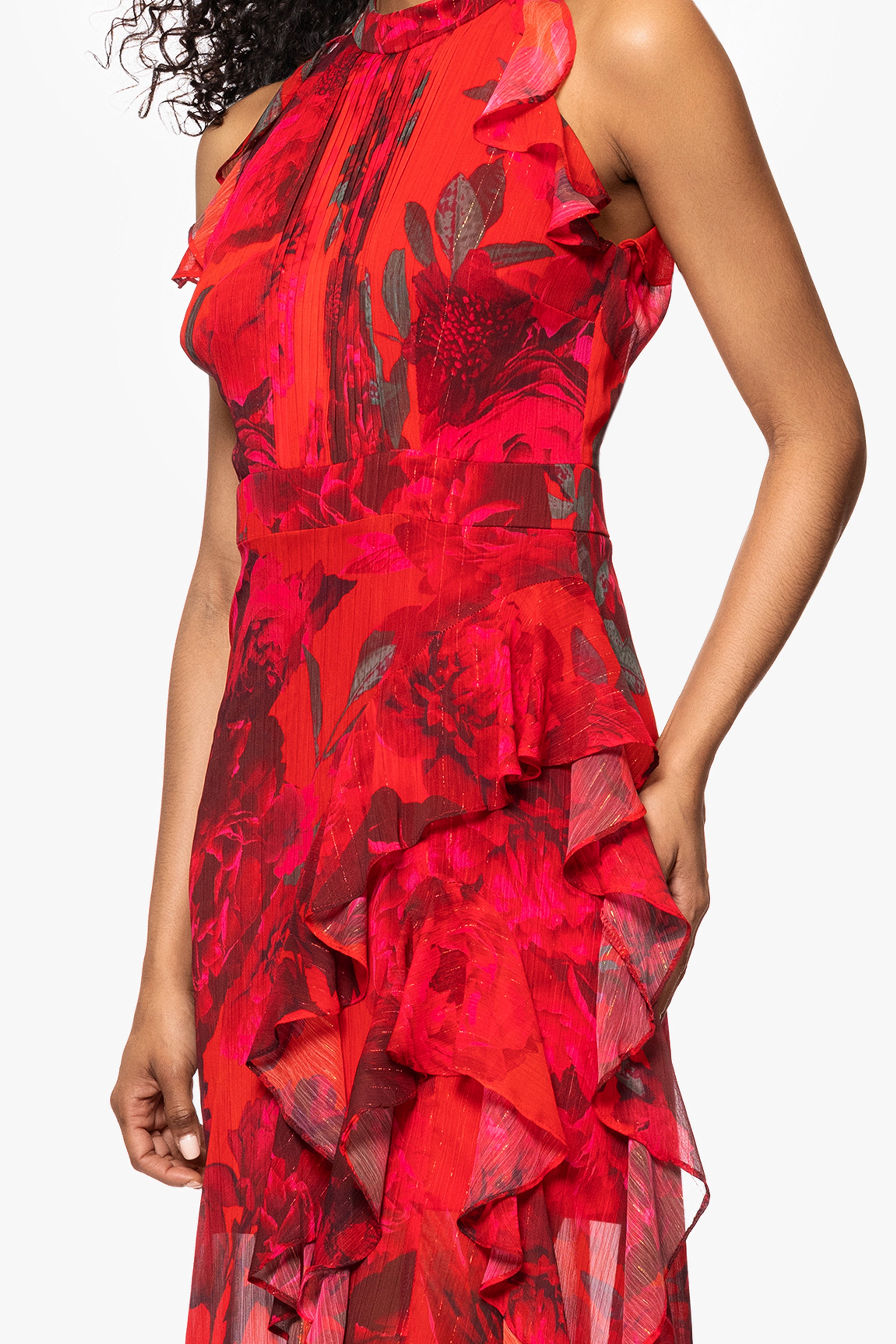 "Ramona" Print Chiffon Ruffle Floor Length Dress