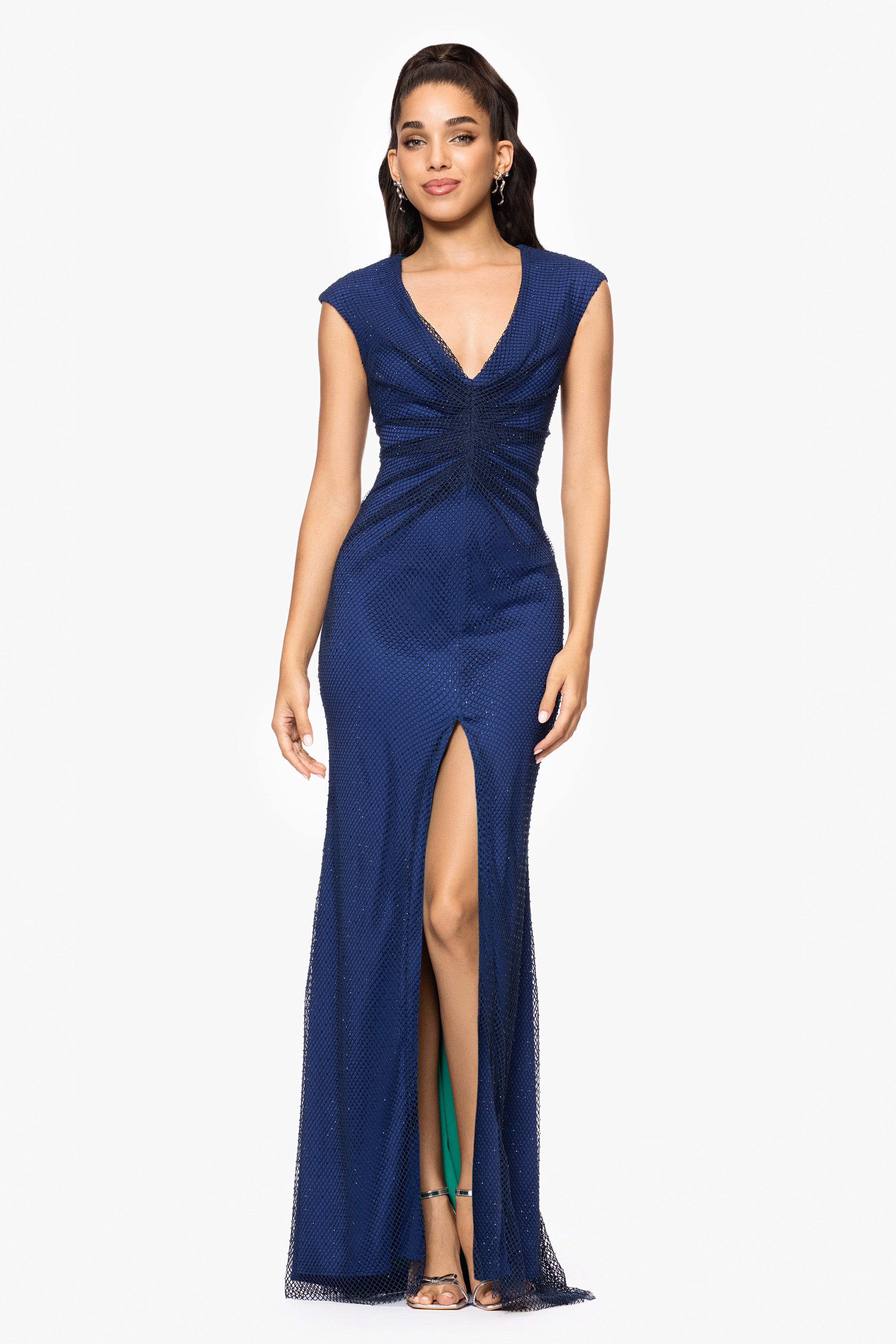 "Laurie" Long Stone-Mesh V-Neck Dress with Contrast Lining