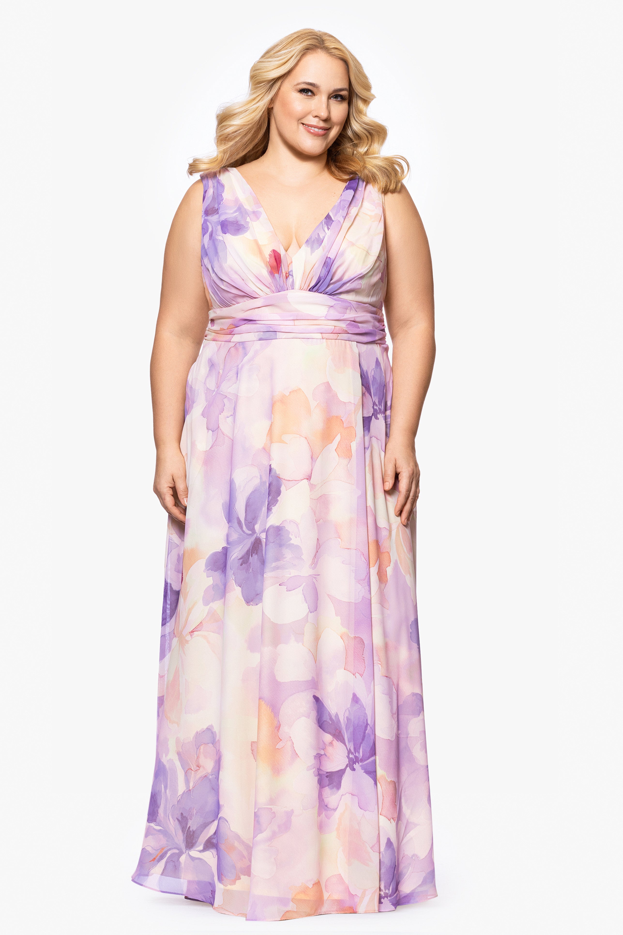 Plus "Kyla" Sleeveless V-Neck Floral Floor Length Chiffon Dress