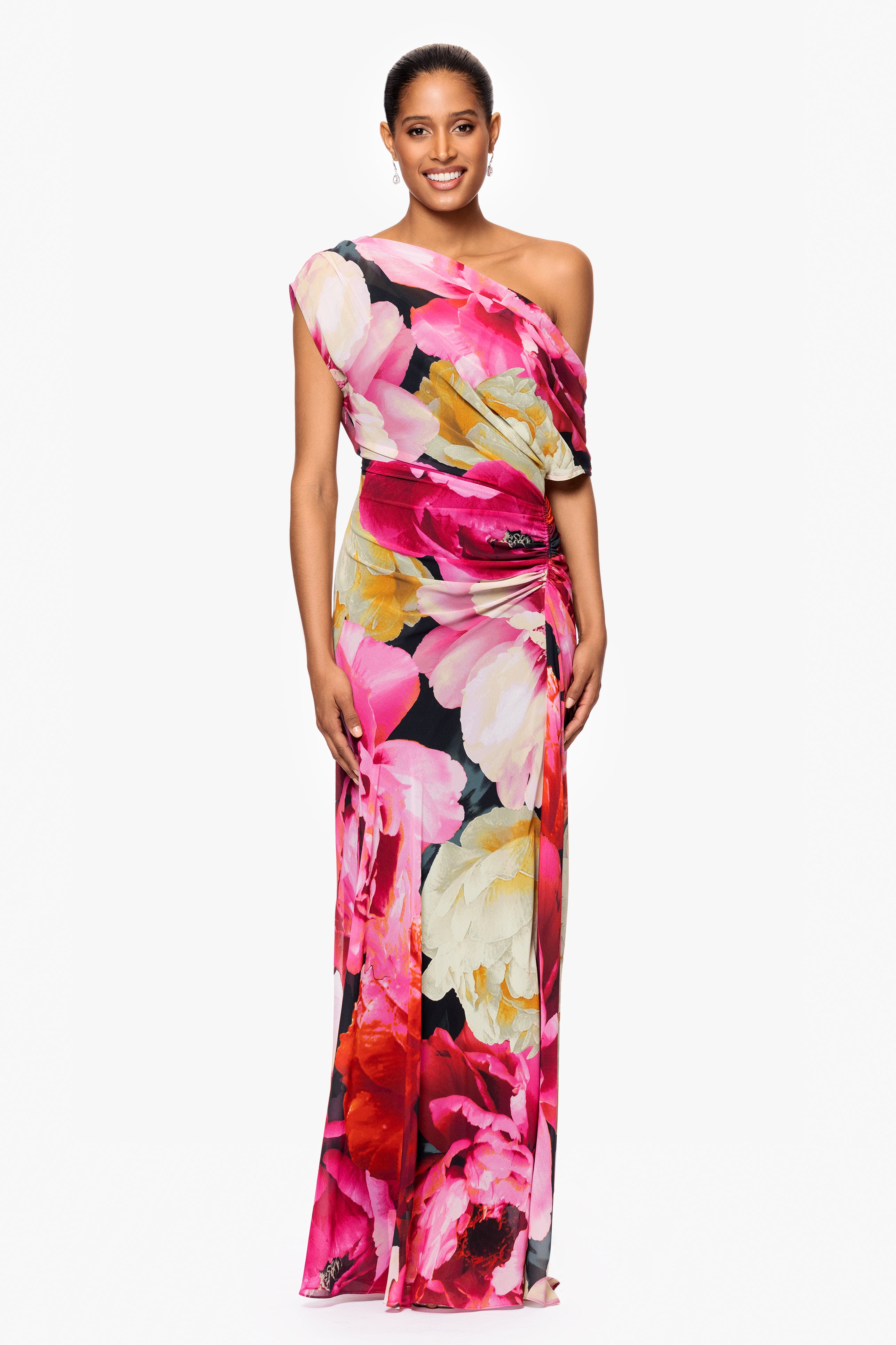 "Dawn" Print Souffle Chiffon Drop Shoulder Floor Length Dress