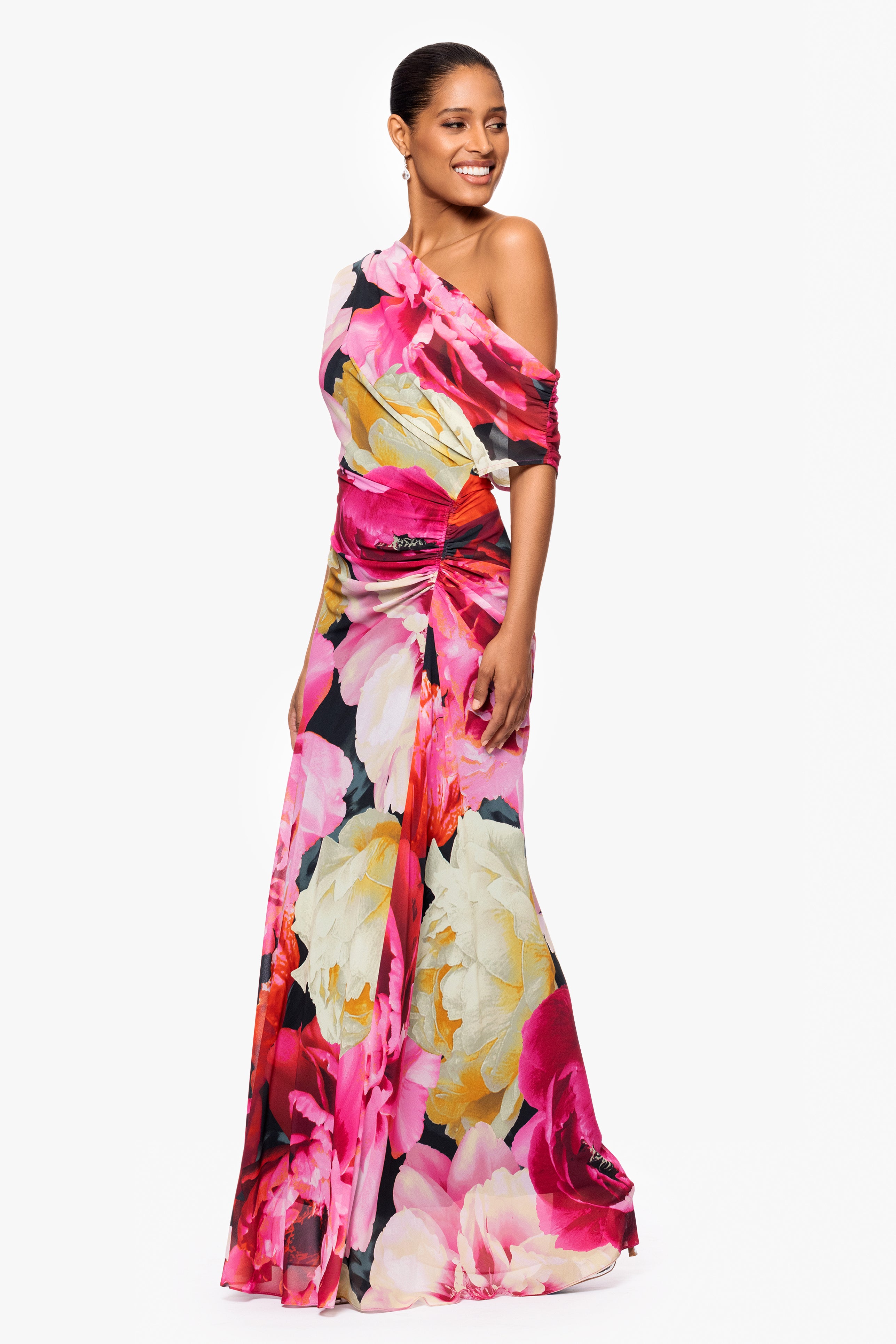 "Dawn" Print Souffle Chiffon Drop Shoulder Floor Length Dress