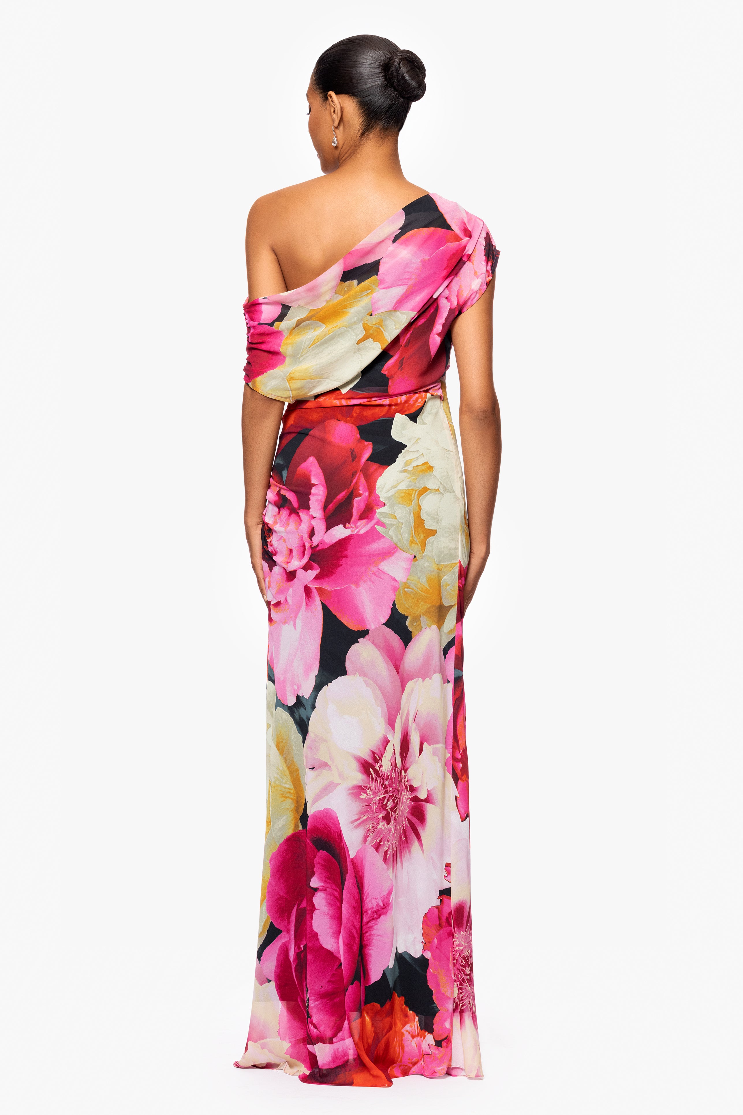 "Dawn" Print Souffle Chiffon Drop Shoulder Floor Length Dress