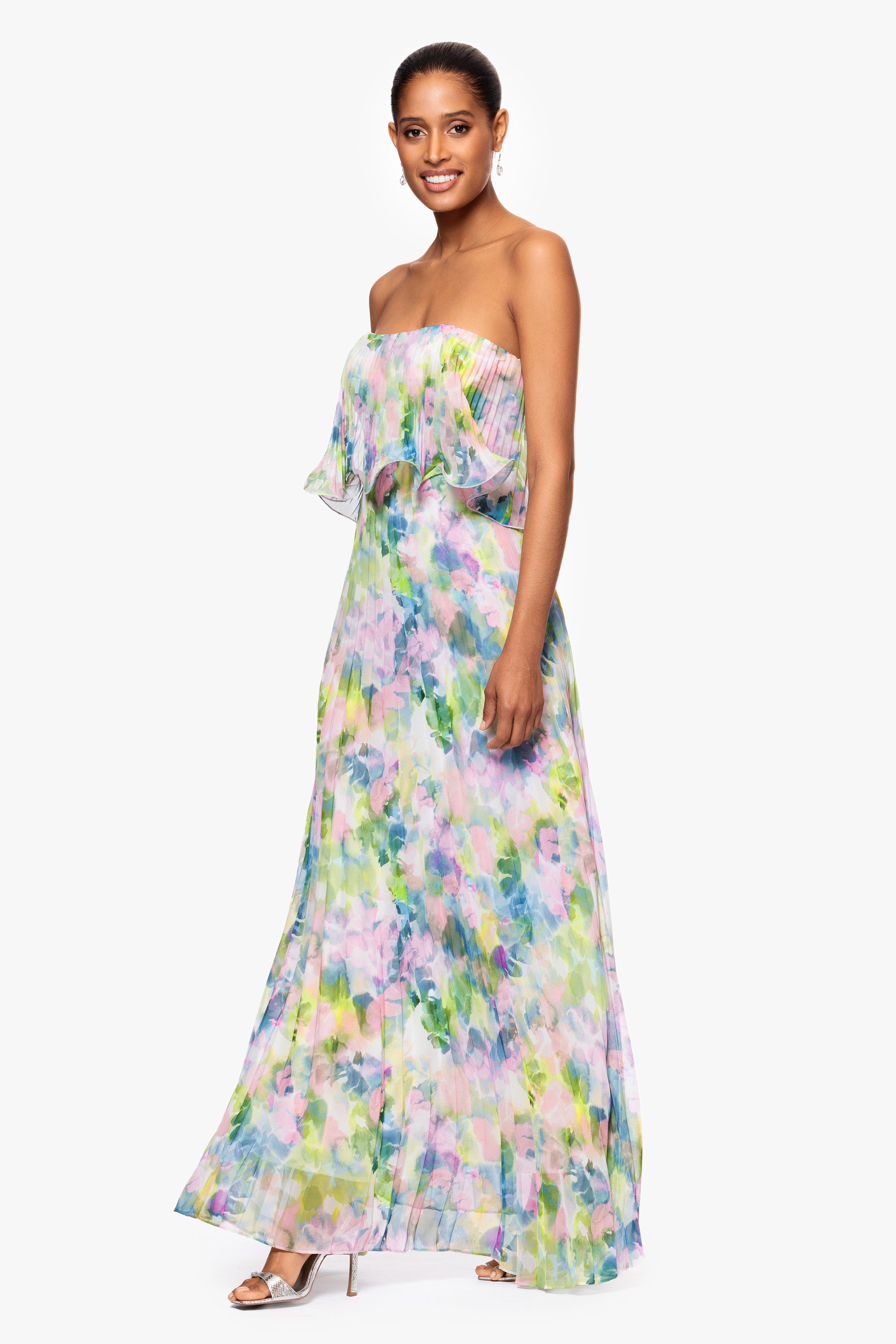 "Enid" Strapless Print Chiffon Pleated Floor Length Dress