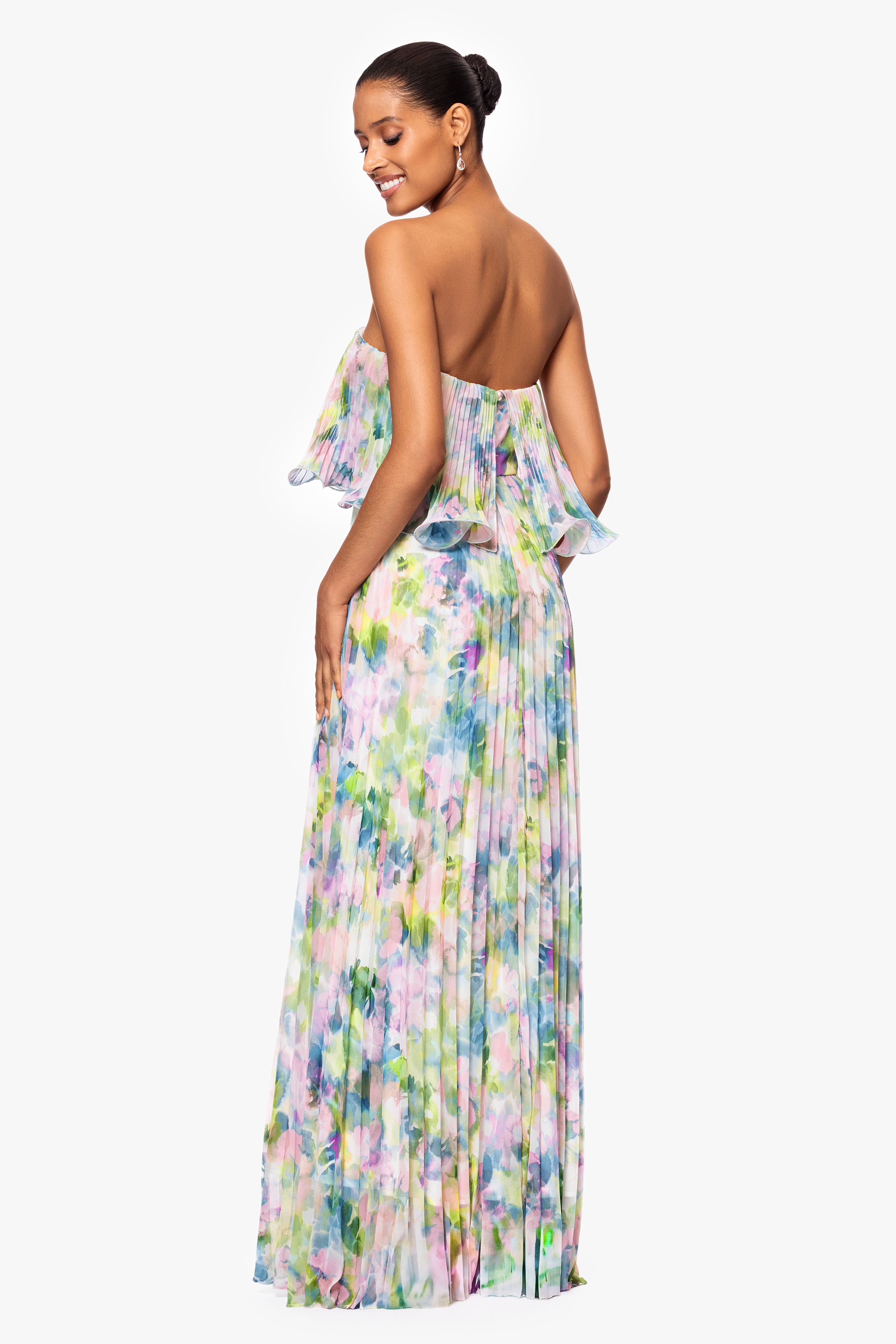 "Enid" Strapless Print Chiffon Pleated Floor Length Dress