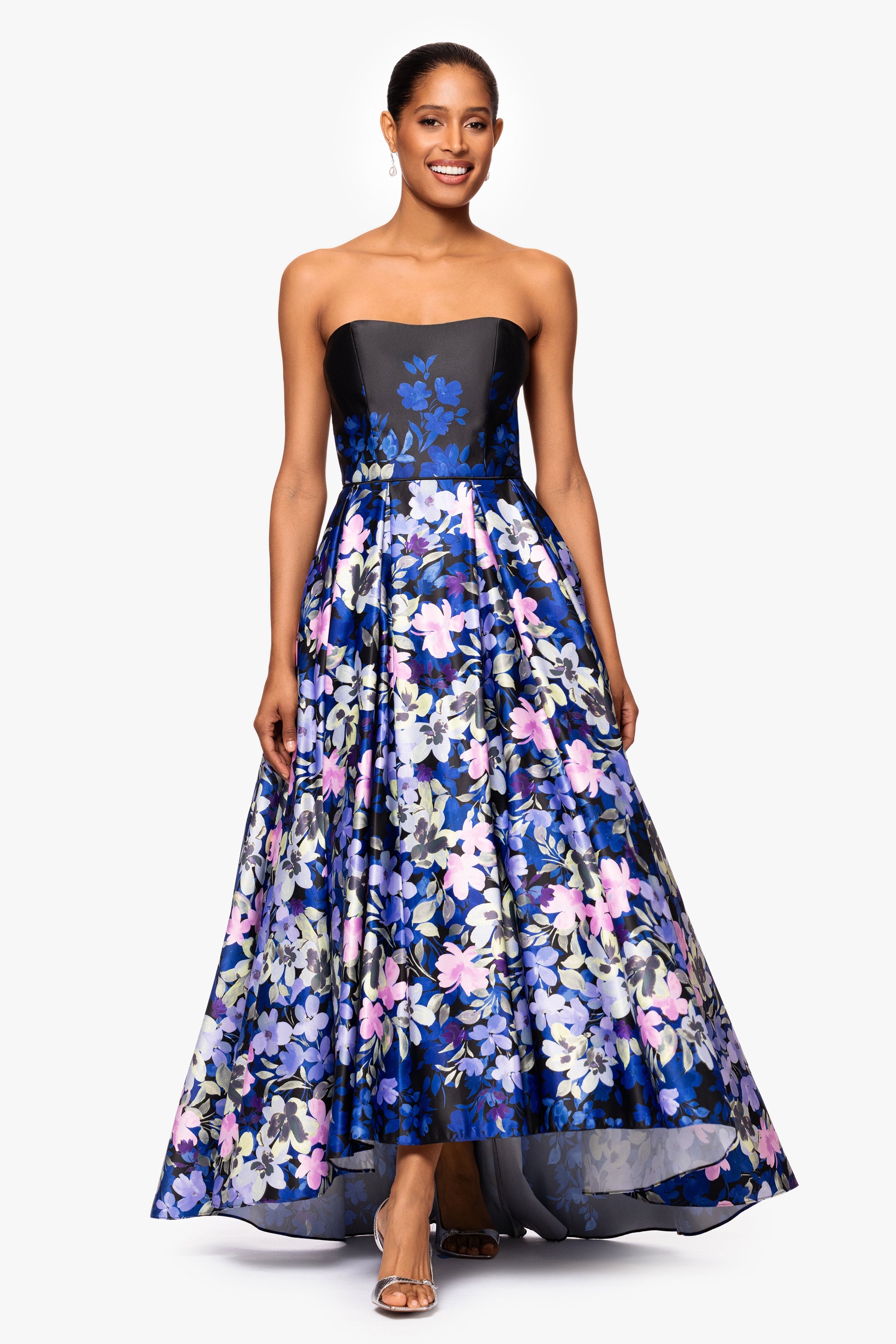 "Abbey" Satin Print High Low Ballgown