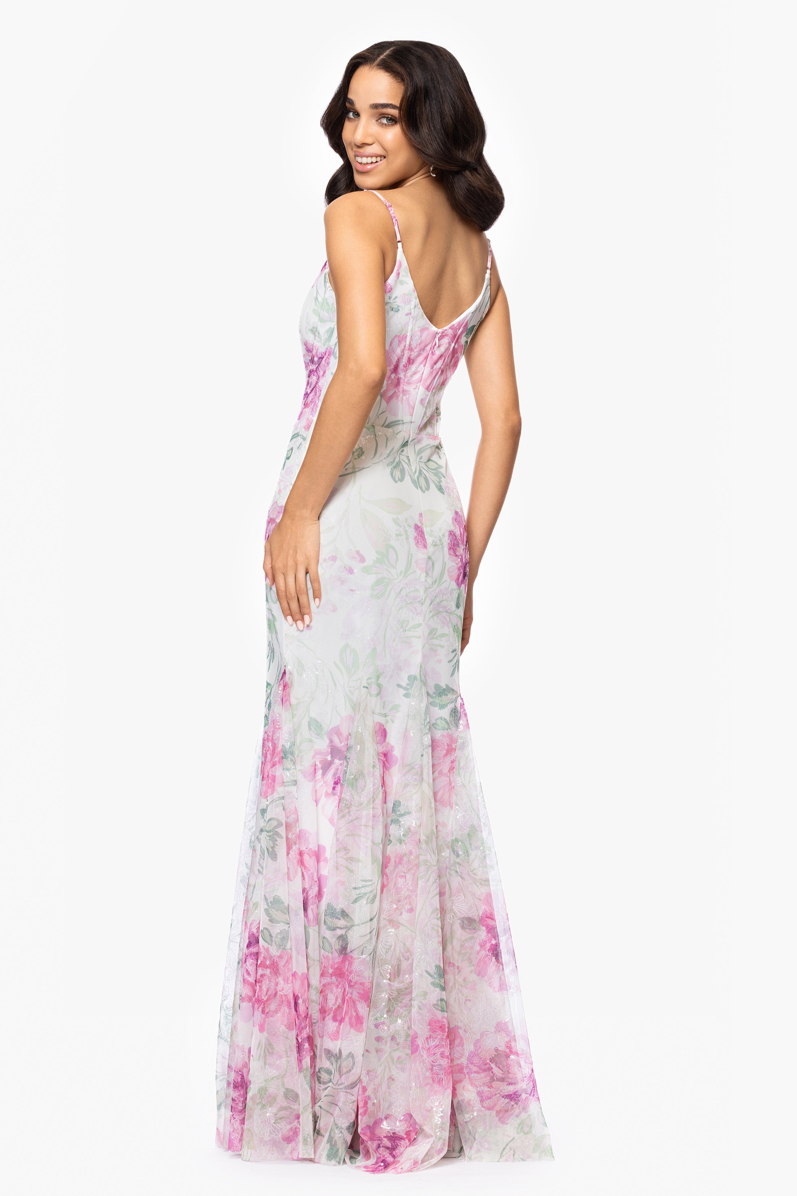 "Eve" Printed Sequin Spaghetti Strap Floor Length Dress