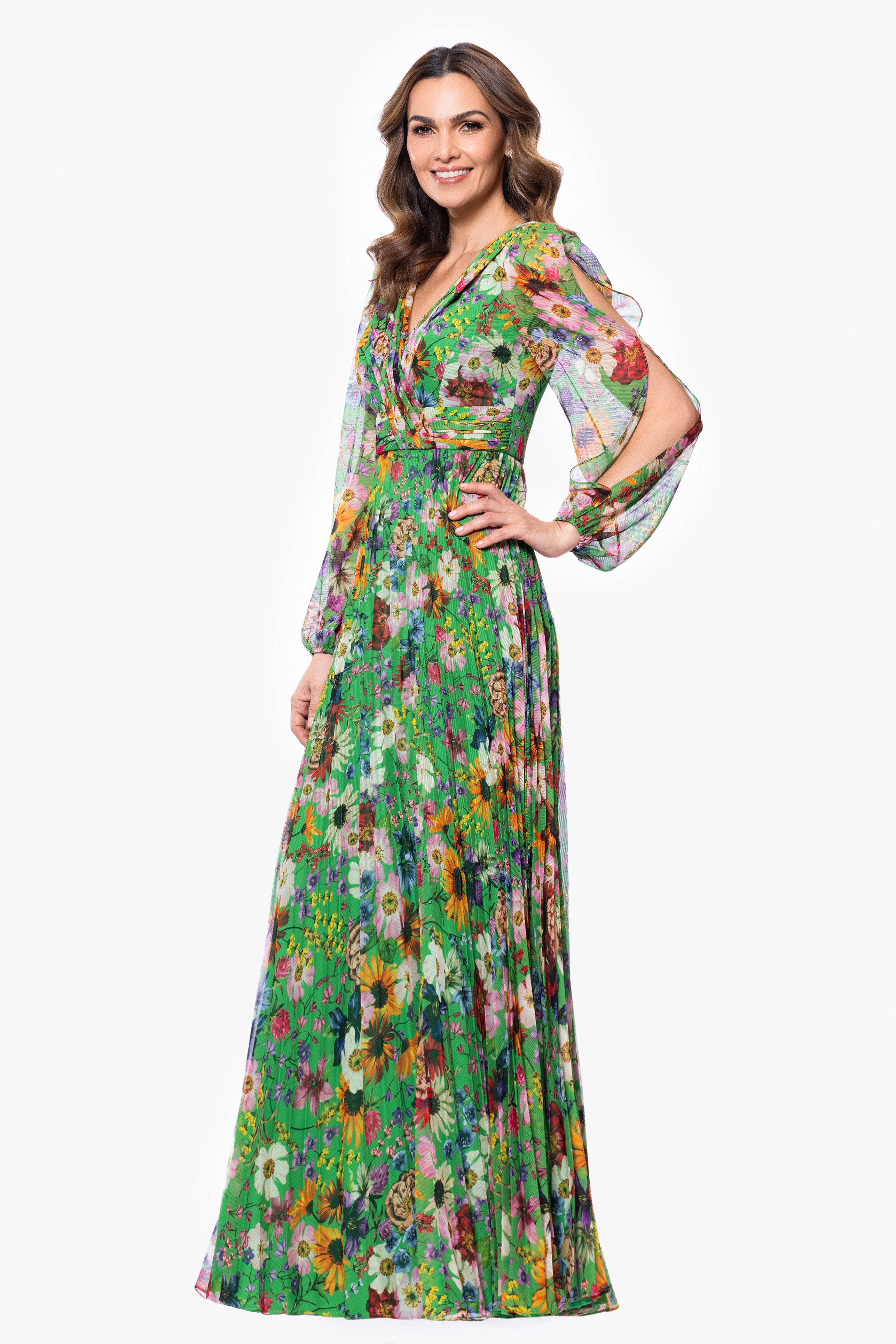 Petite "Katarina" Chiffon Print Long Sleeve Floor Length Dress