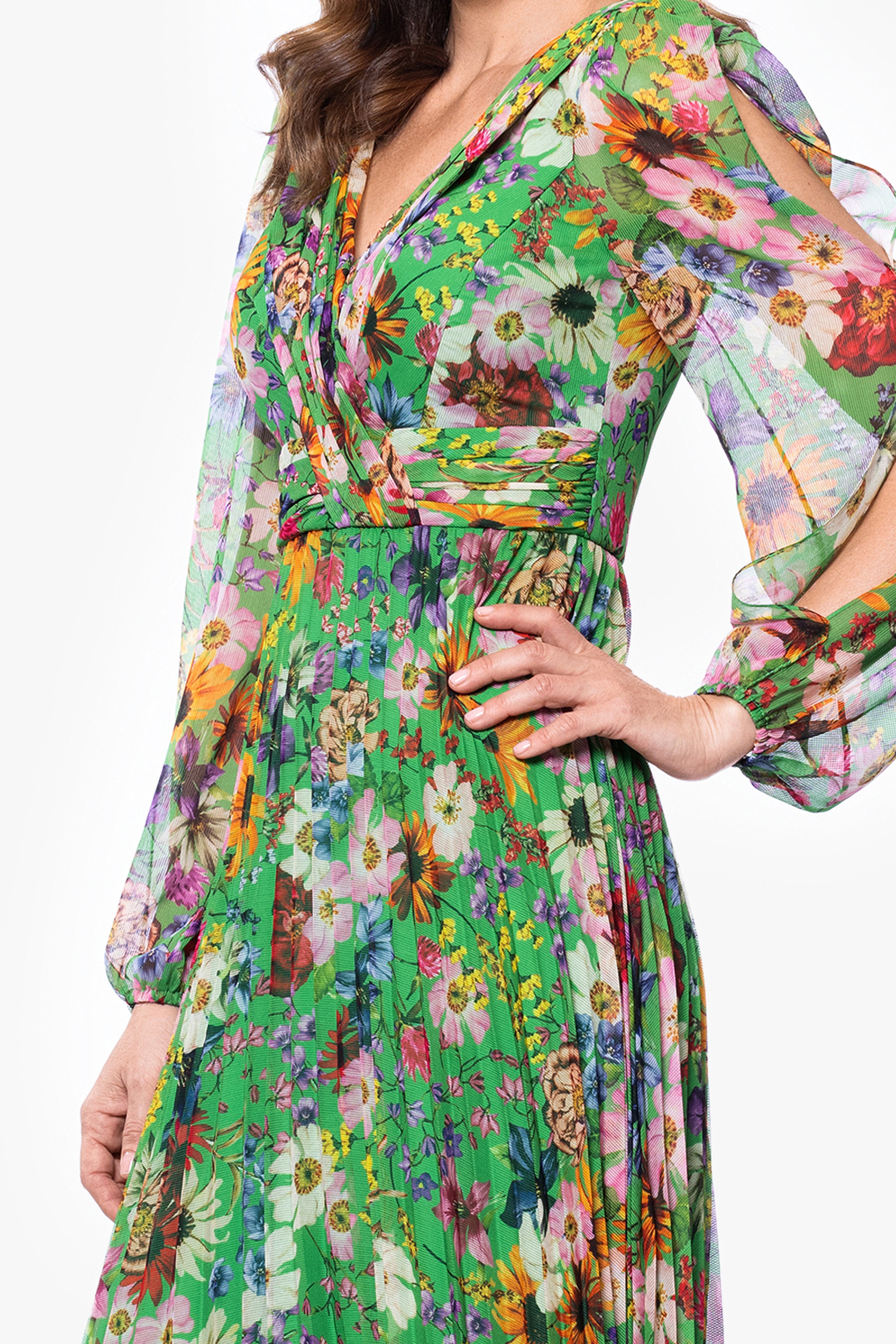 Petite "Katarina" Chiffon Print Long Sleeve Floor Length Dress