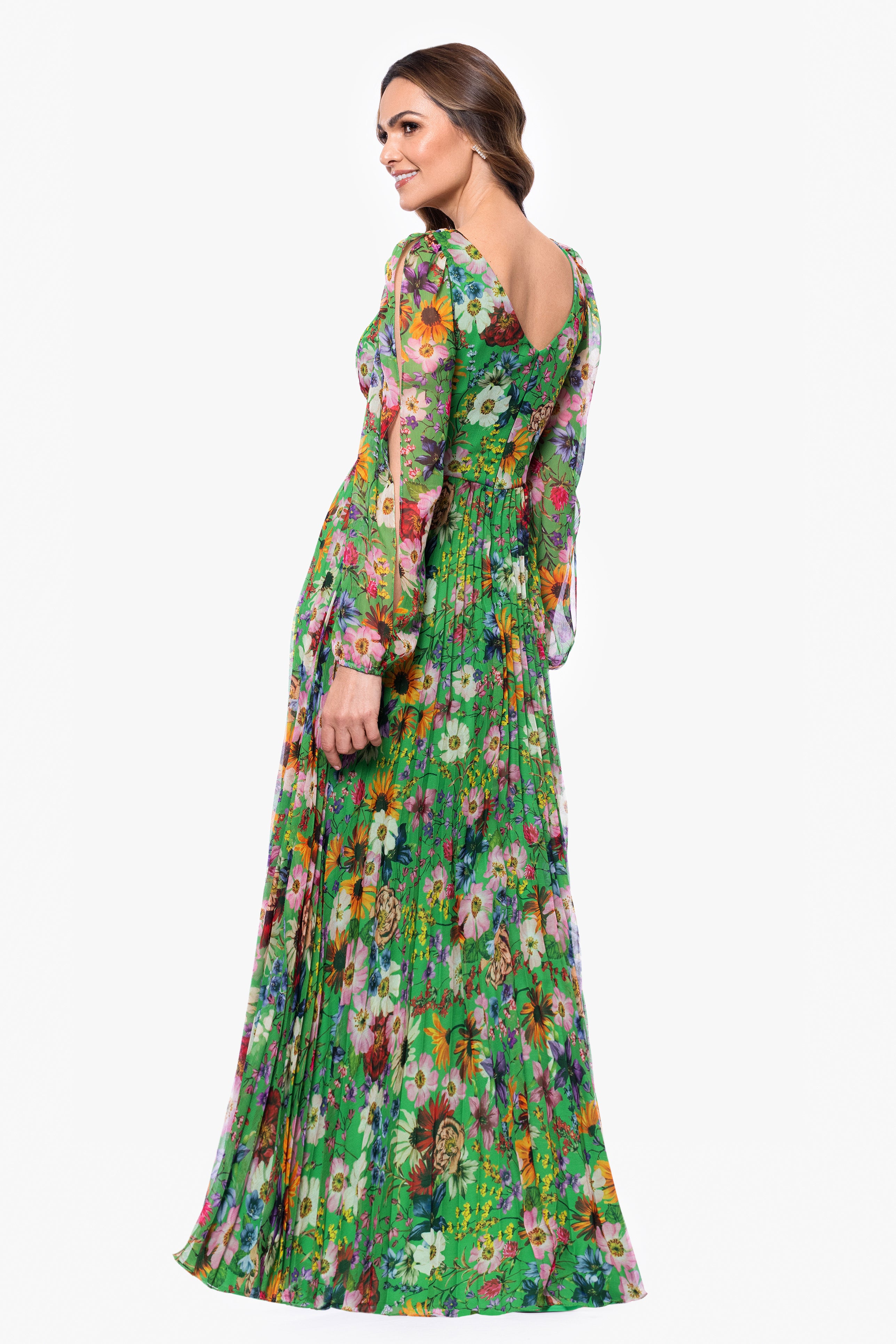 Petite "Katarina" Chiffon Print Long Sleeve Floor Length Dress