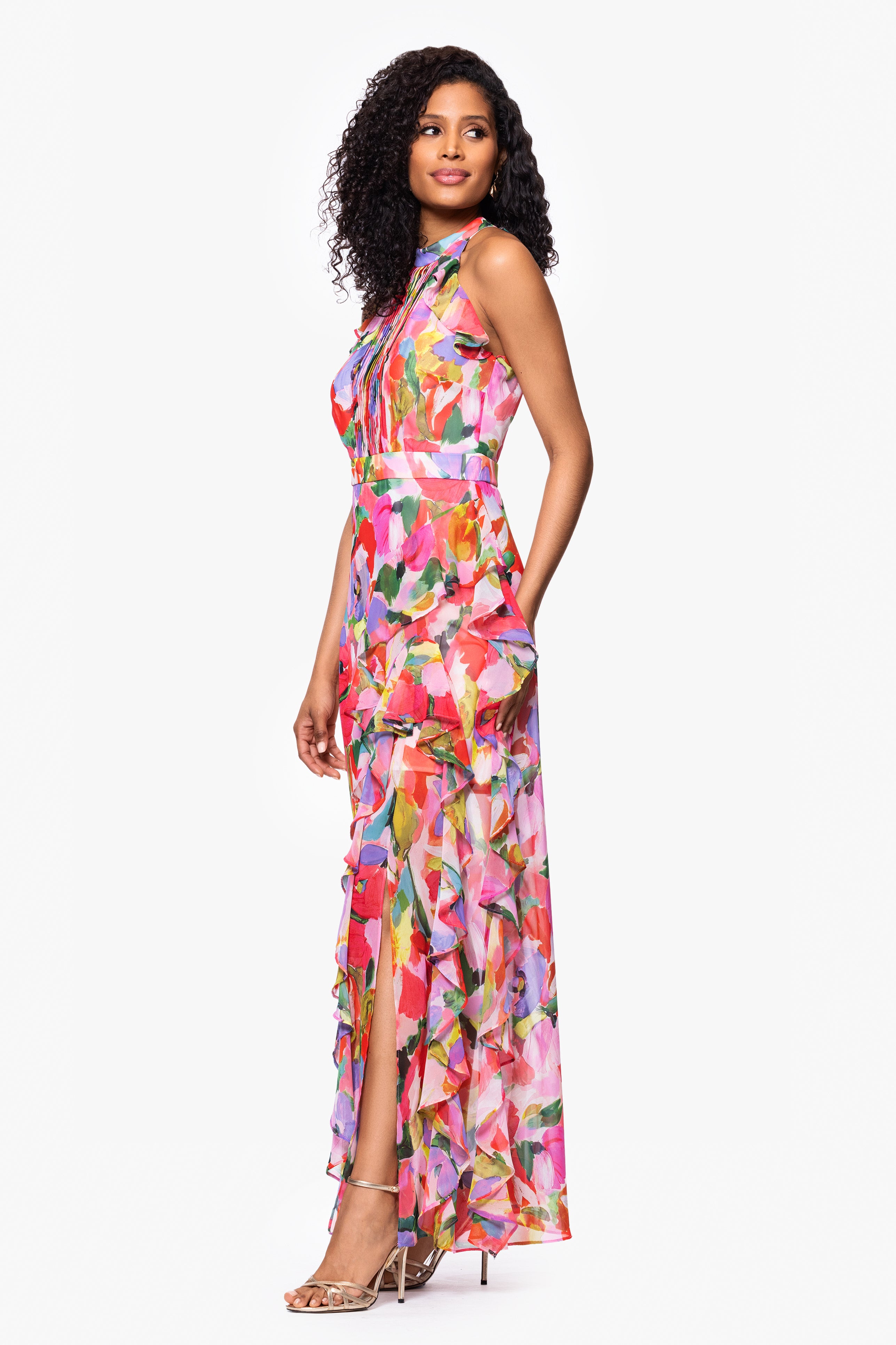 "Joseline" Chiffon Print Floor Length Ruffle Dress